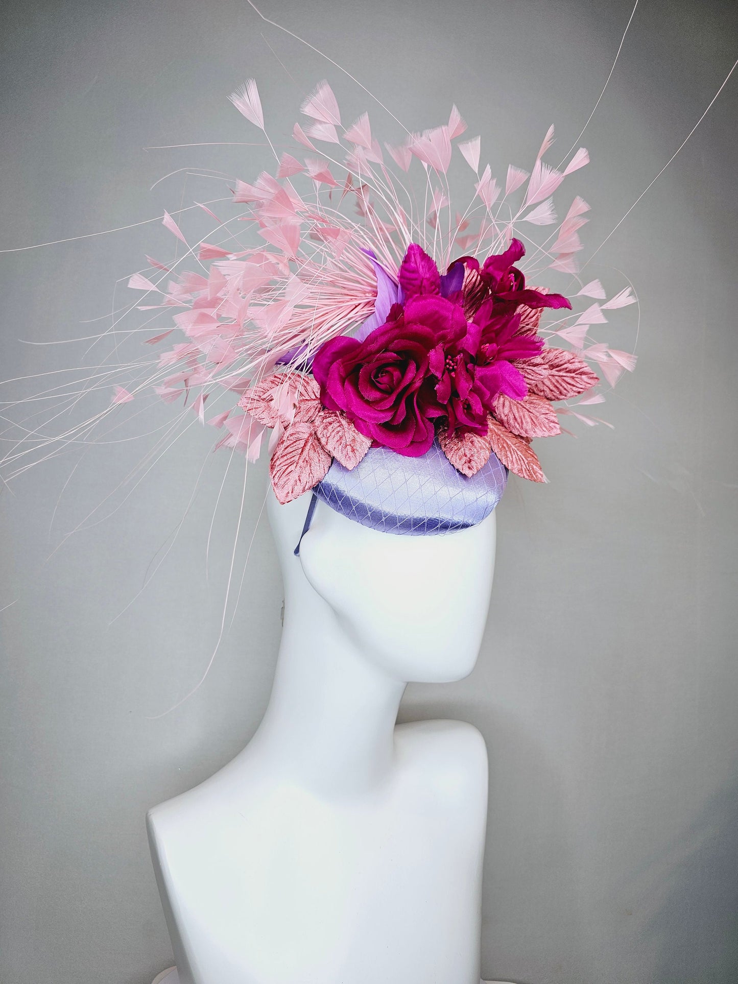 kentucky derby hat fascinator lavender light blue satin magenta fuchsia hot pink silk flowers pink feathers and leaves