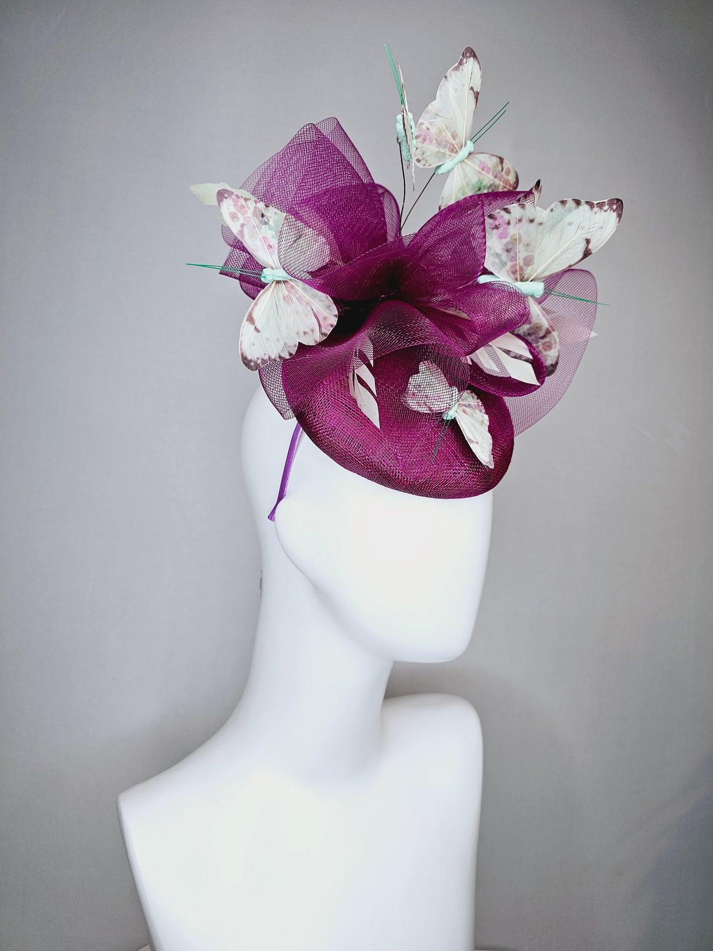 kentucky derby hat fascinator purple violet sinamay with matching crinoline light pink lavender mint floral green butterflies