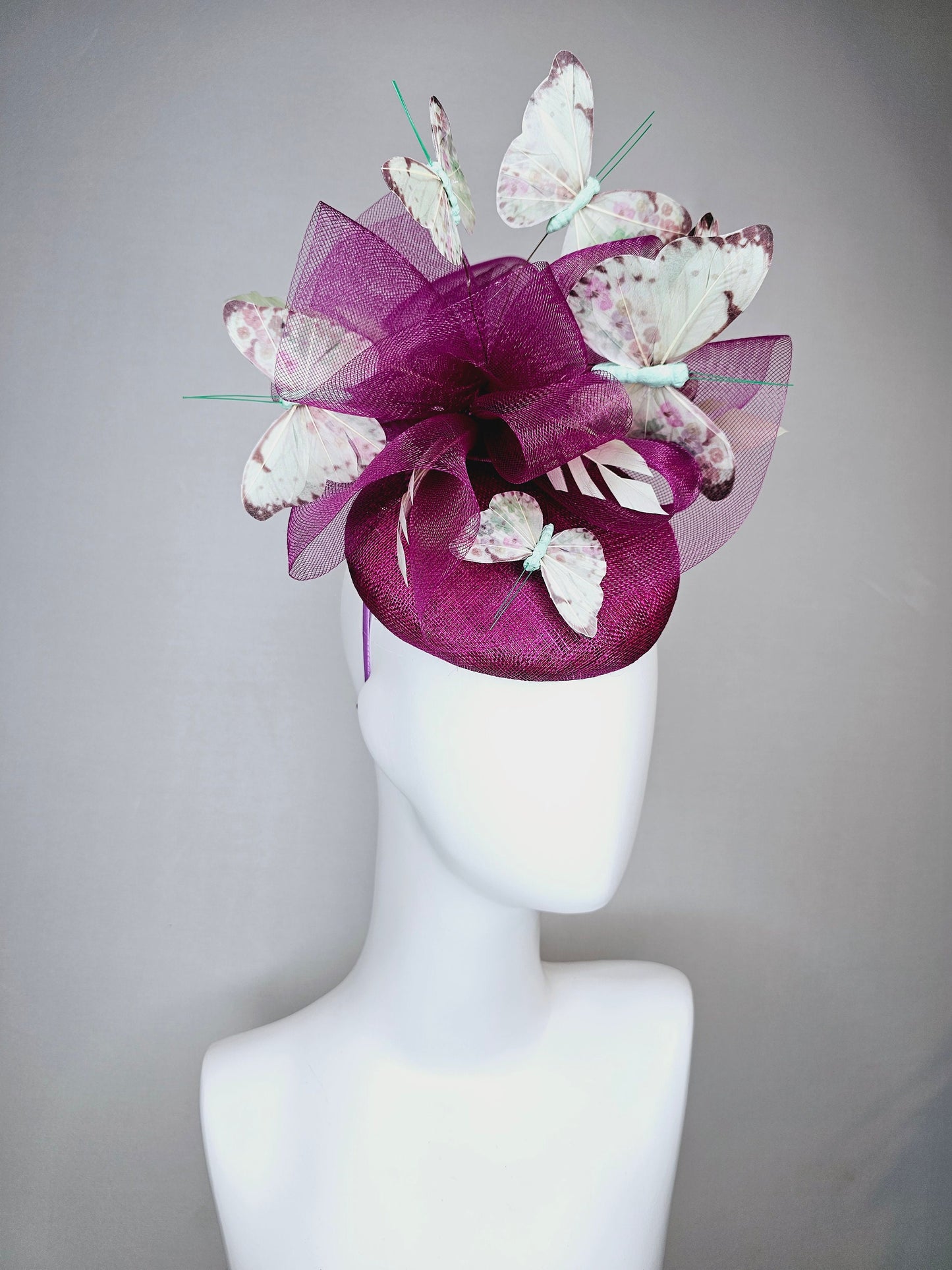 kentucky derby hat fascinator purple violet sinamay with matching crinoline light pink lavender mint floral green butterflies