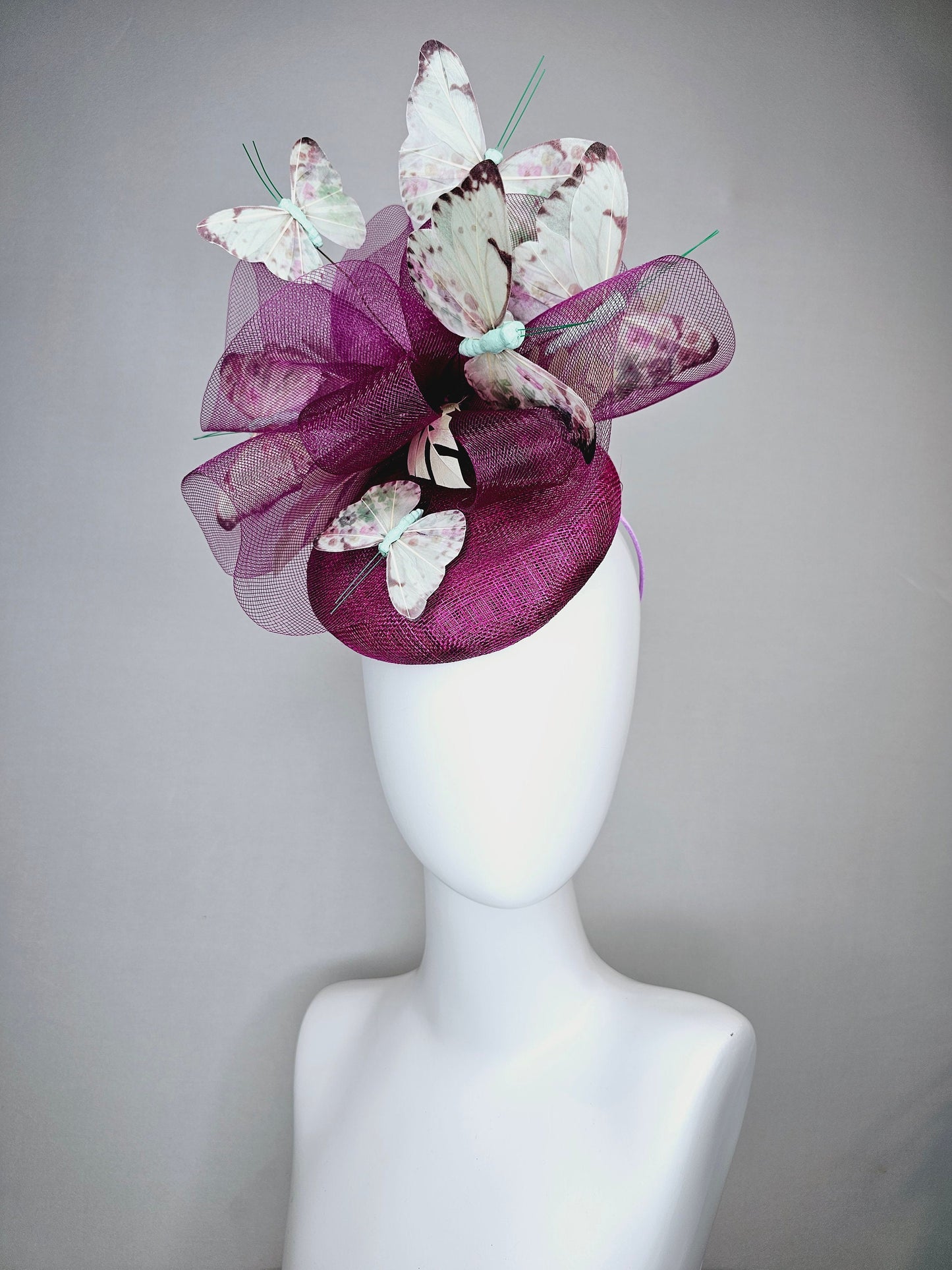 kentucky derby hat fascinator purple violet sinamay with matching crinoline light pink lavender mint floral green butterflies