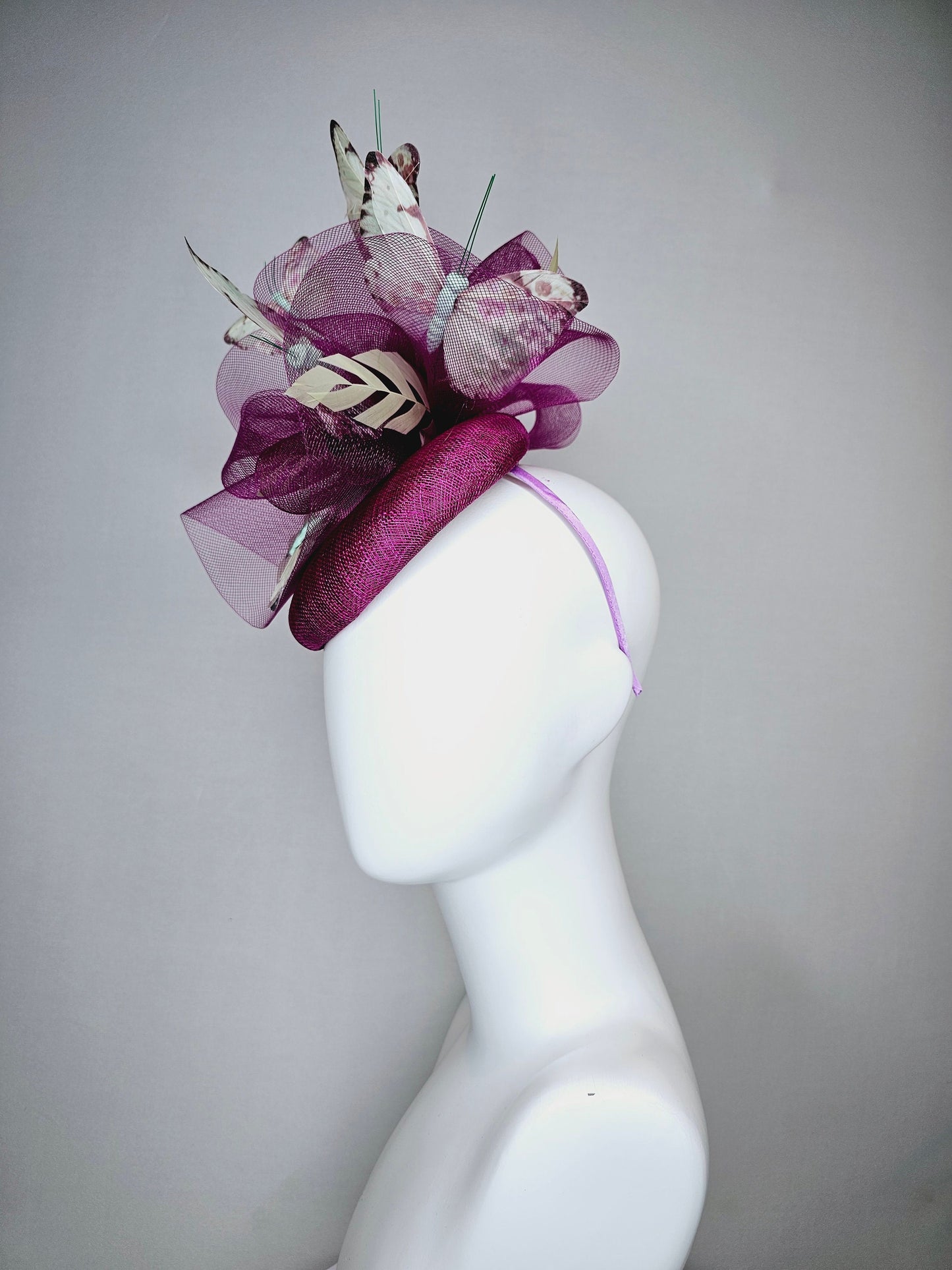 kentucky derby hat fascinator purple violet sinamay with matching crinoline light pink lavender mint floral green butterflies