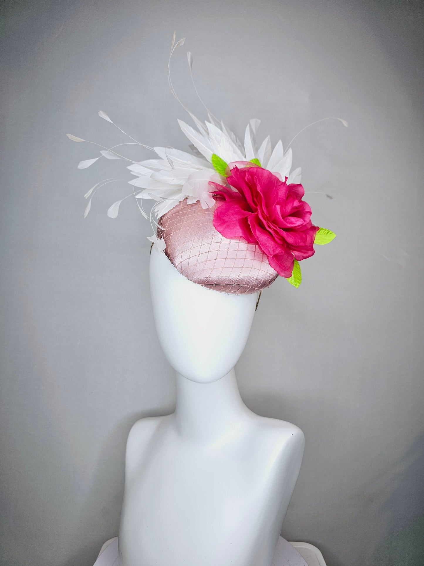 kentucky derby hat fascinator light pink blush satin with large pink rose flower white feathers bright pink satin leaves