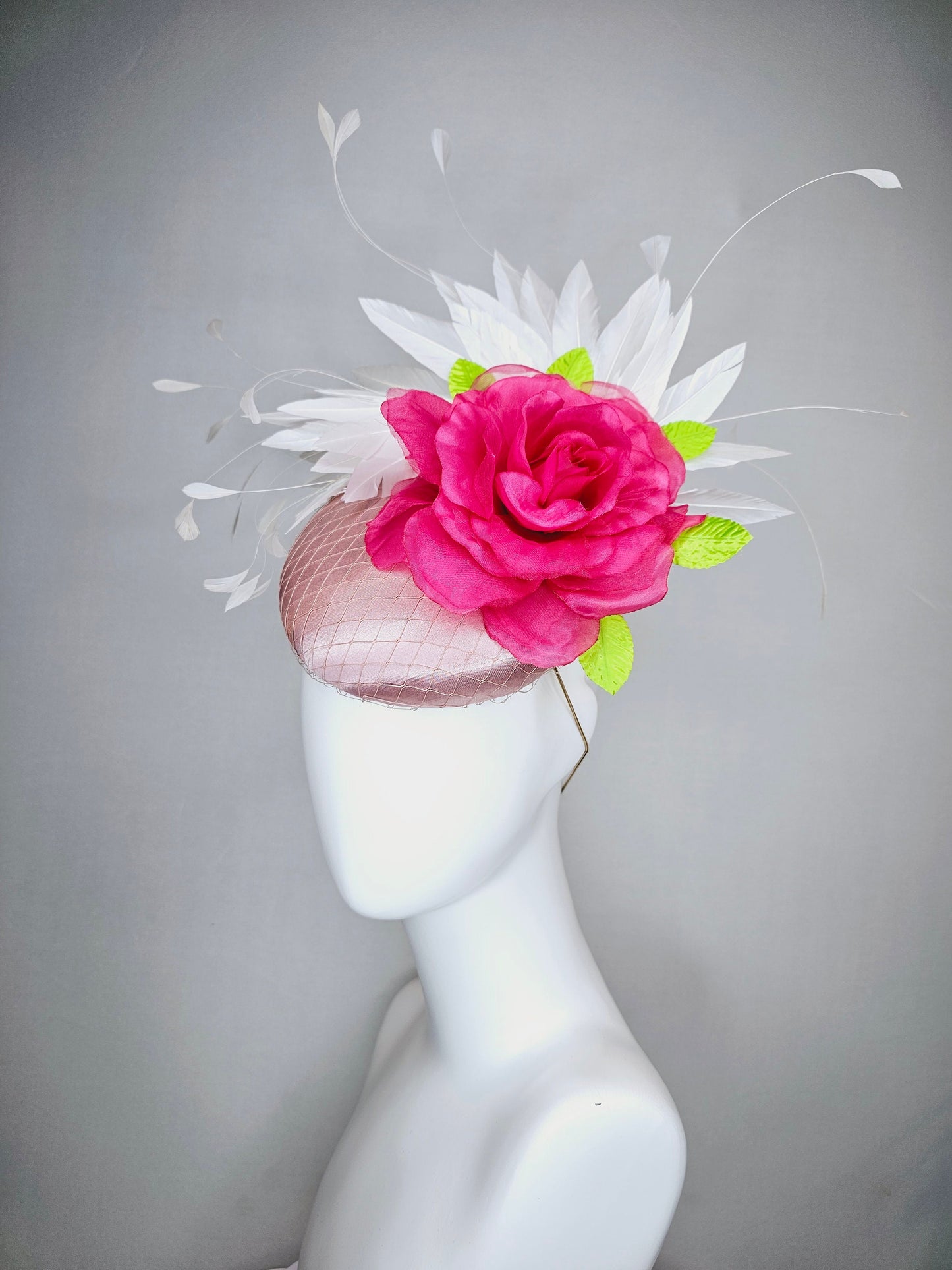kentucky derby hat fascinator light pink blush satin with large pink rose flower white feathers bright pink satin leaves