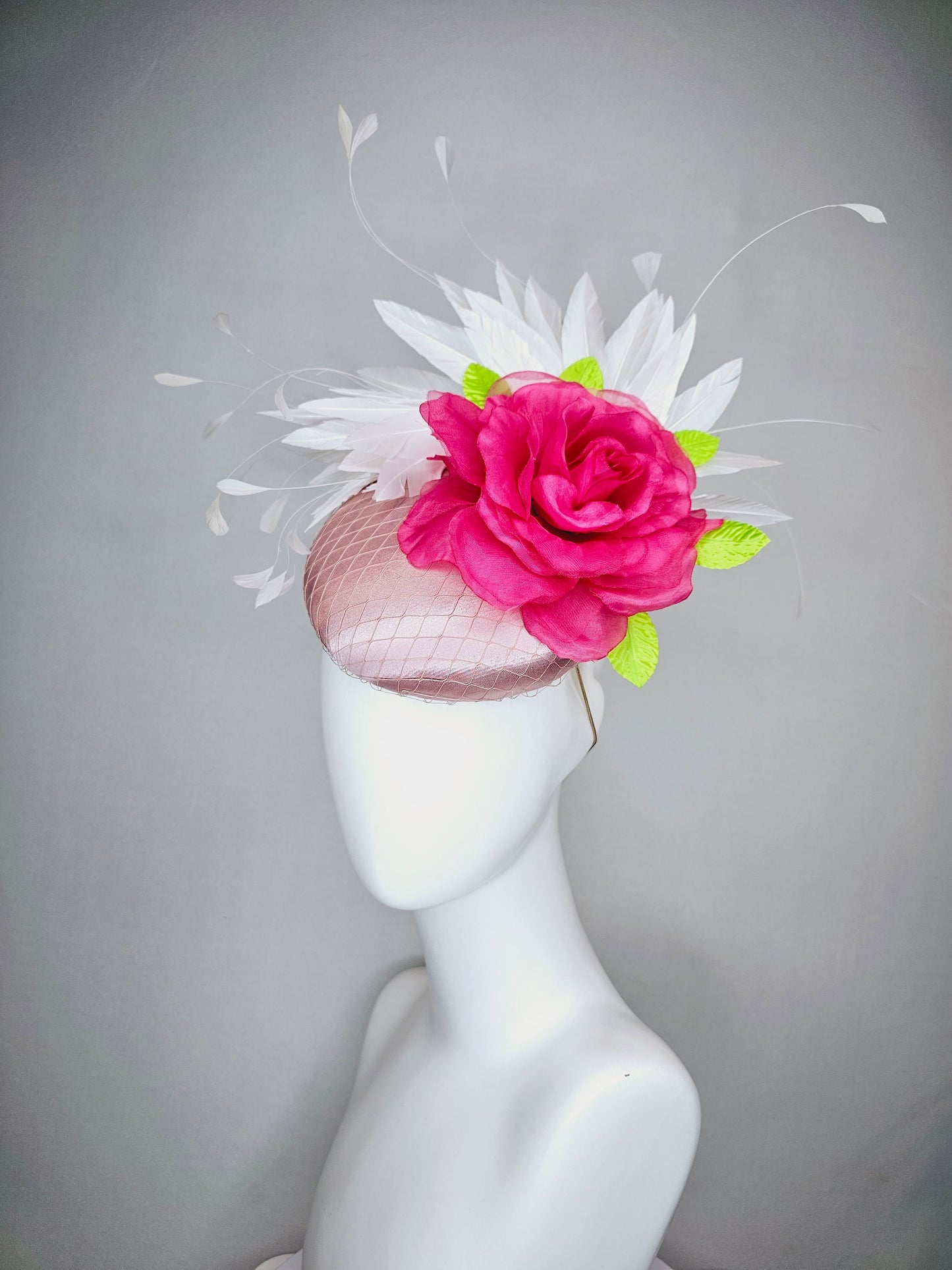 kentucky derby hat fascinator light pink blush satin with large pink rose flower white feathers bright pink satin leaves