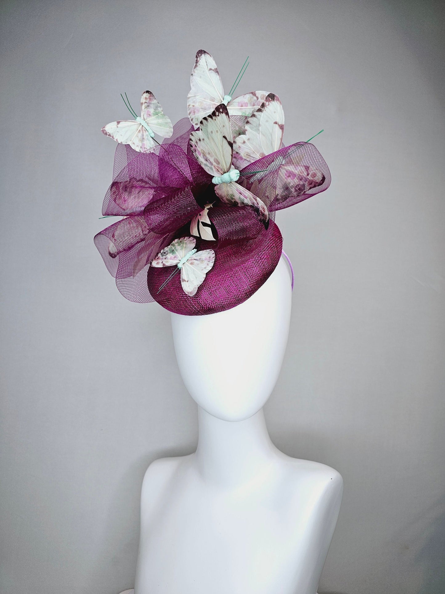 kentucky derby hat fascinator purple violet sinamay with matching crinoline light pink lavender mint floral green butterflies