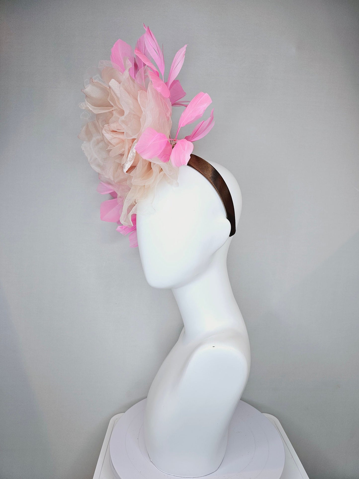kentucky derby hat fascinator large blush light pink organza velvet rose flower and bright pink feathers