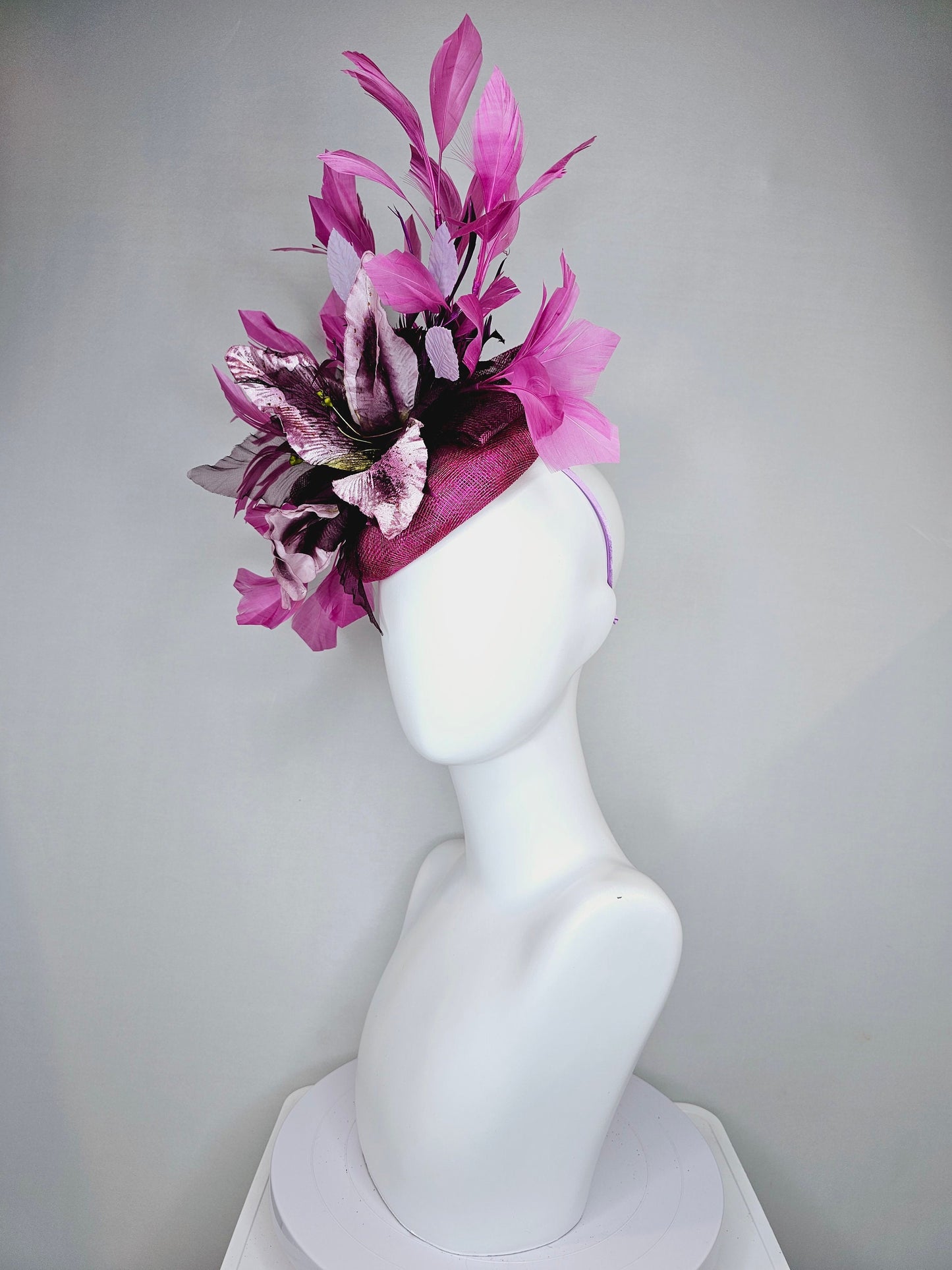 kentucky derby hat fascinator violet purple distressed flower with purple lavender pink feathers purple sinamay with curls