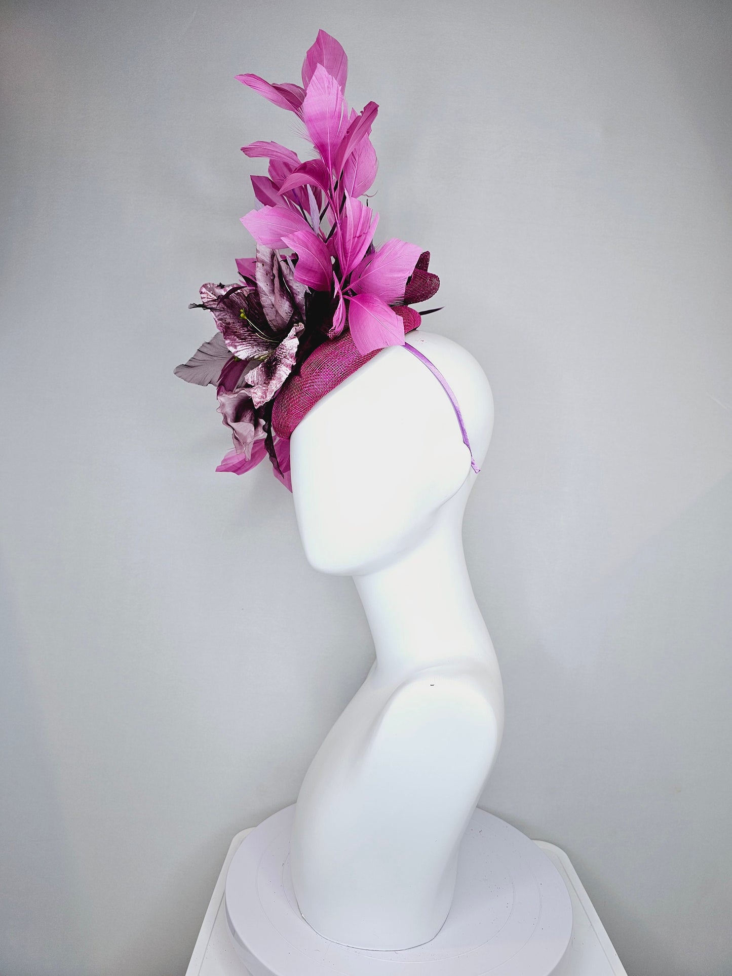 kentucky derby hat fascinator violet purple distressed flower with purple lavender pink feathers purple sinamay with curls