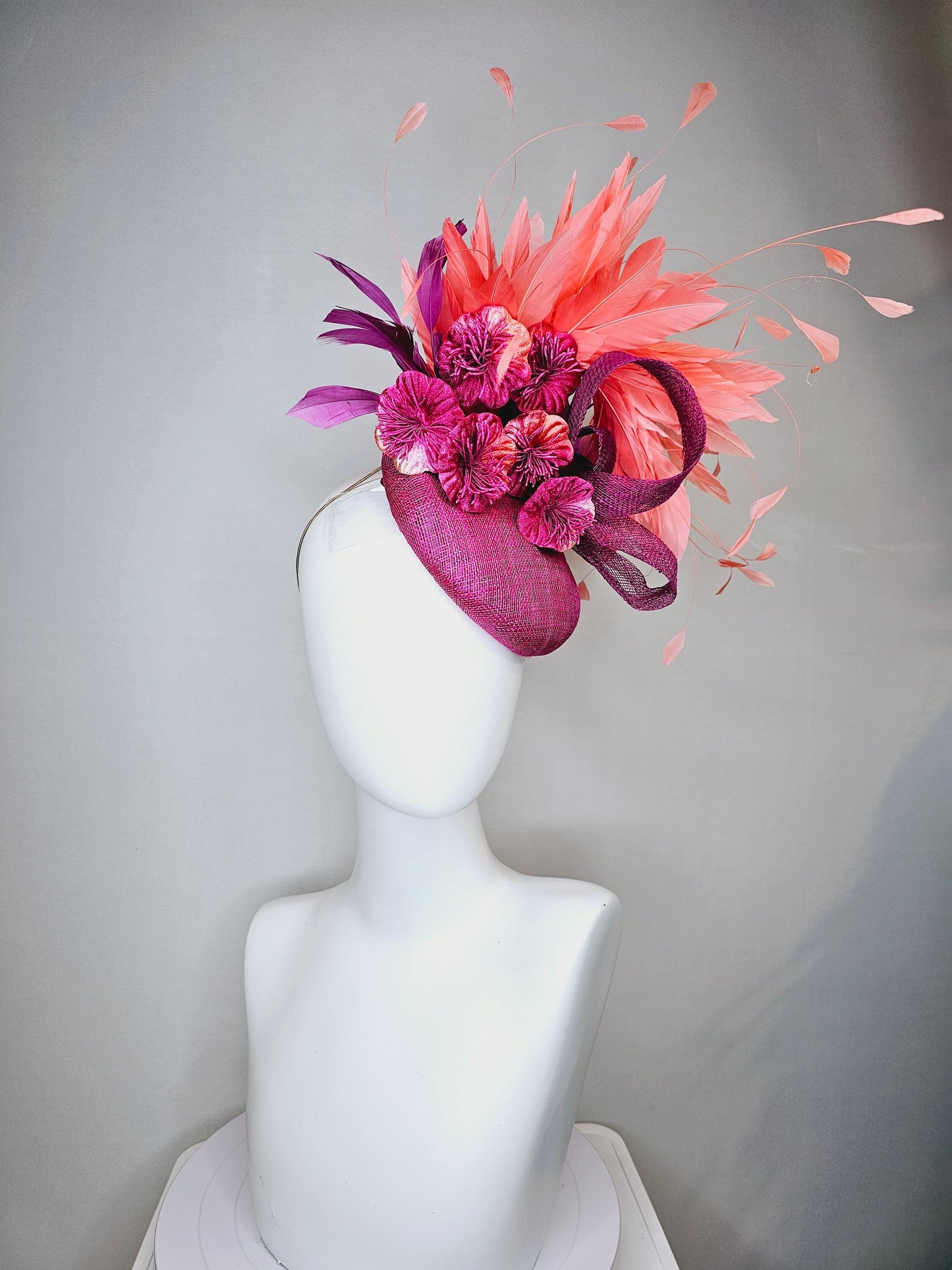 kentucky derby hat fascinator purple violet magenta sinamay with curls purple large burnt orange coral flowers with coral apricot feathers