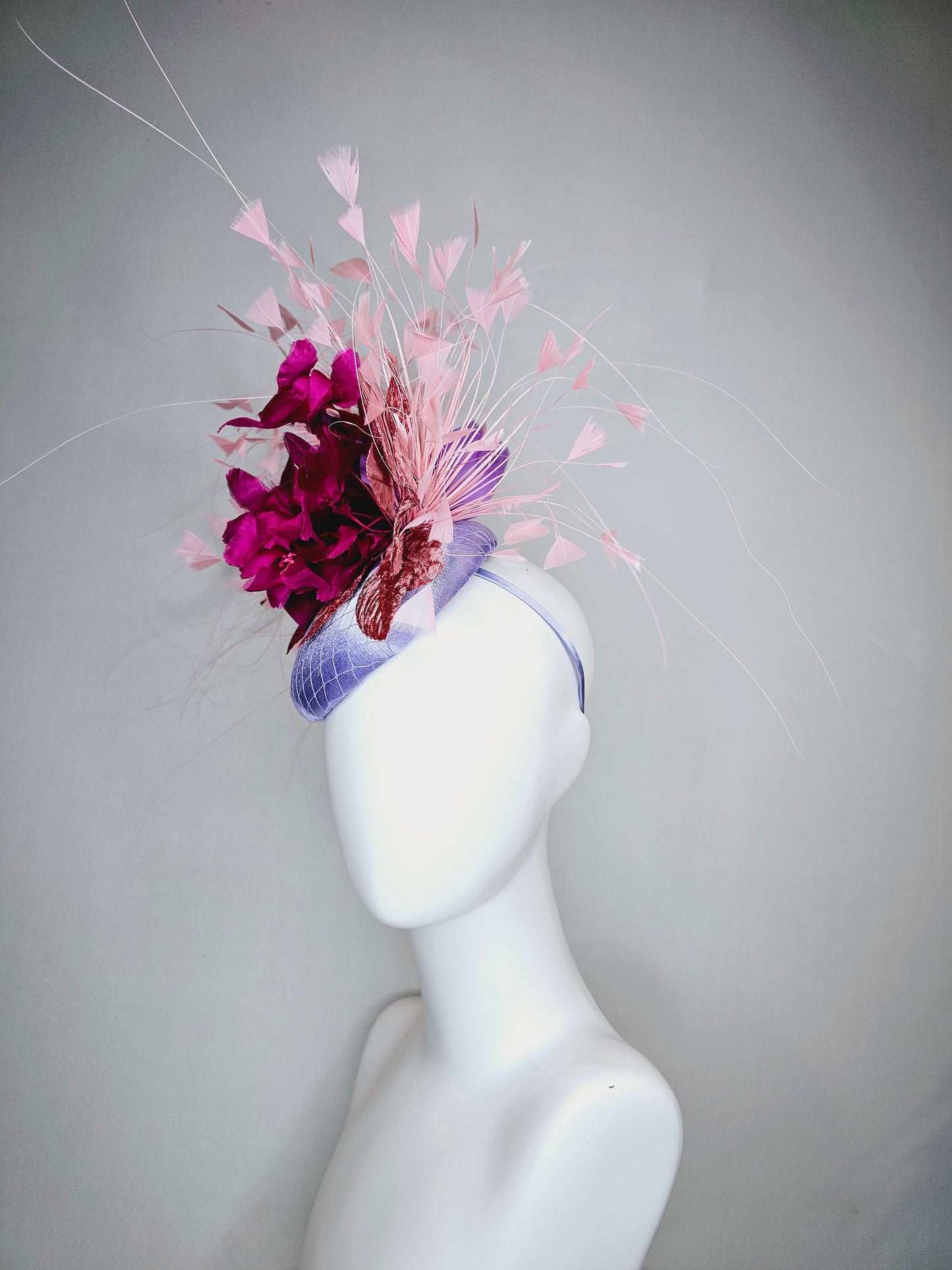 kentucky derby hat fascinator lavender light blue satin magenta fuchsia hot pink silk flowers pink feathers and leaves