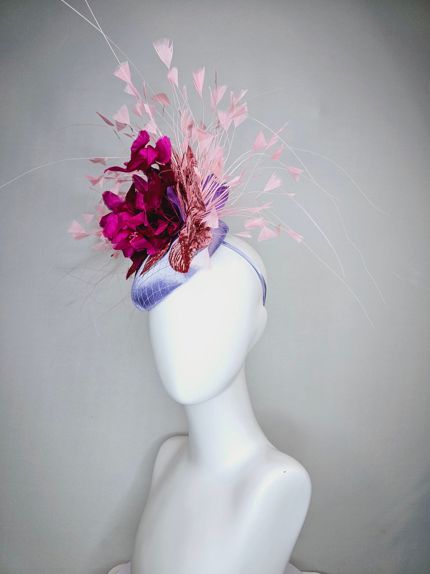 kentucky derby hat fascinator lavender light blue satin magenta fuchsia hot pink silk flowers pink feathers and leaves