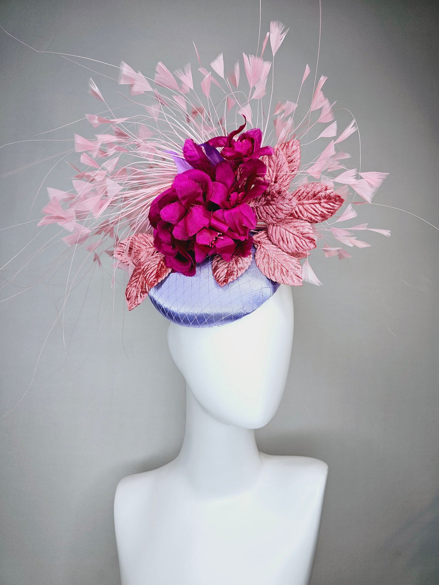 kentucky derby hat fascinator lavender light blue satin magenta fuchsia hot pink silk flowers pink feathers and leaves