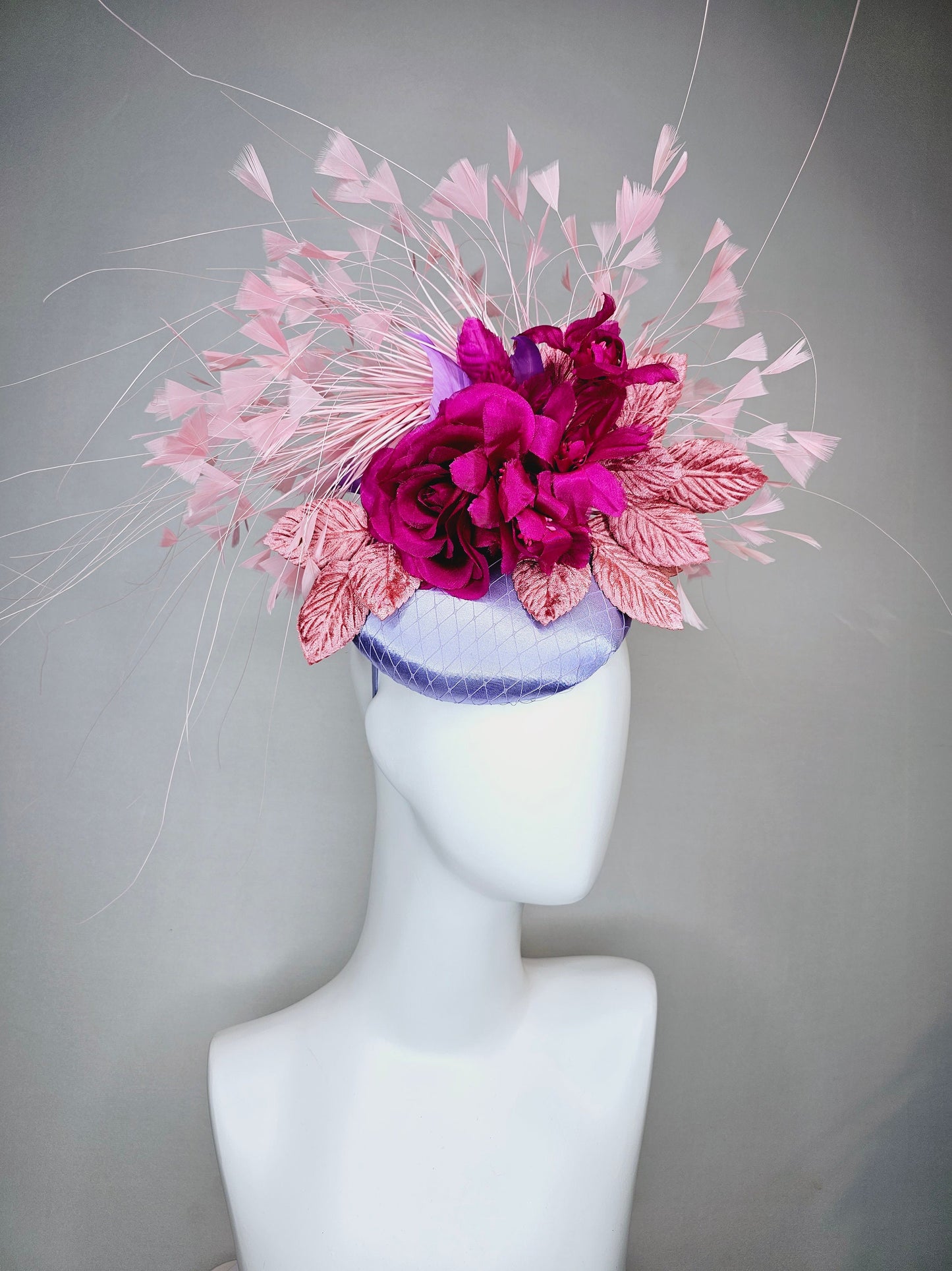 kentucky derby hat fascinator lavender light blue satin magenta fuchsia hot pink silk flowers pink feathers and leaves