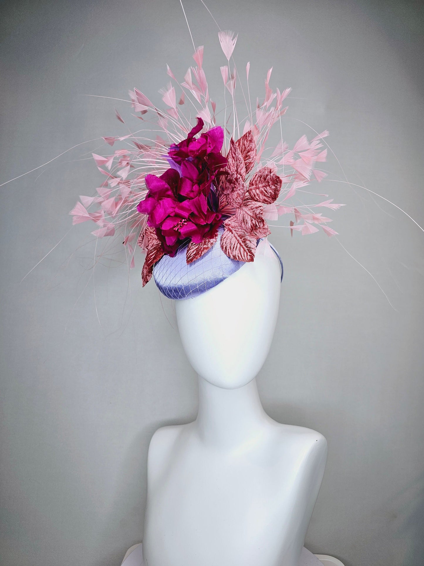 kentucky derby hat fascinator lavender light blue satin magenta fuchsia hot pink silk flowers pink feathers and leaves