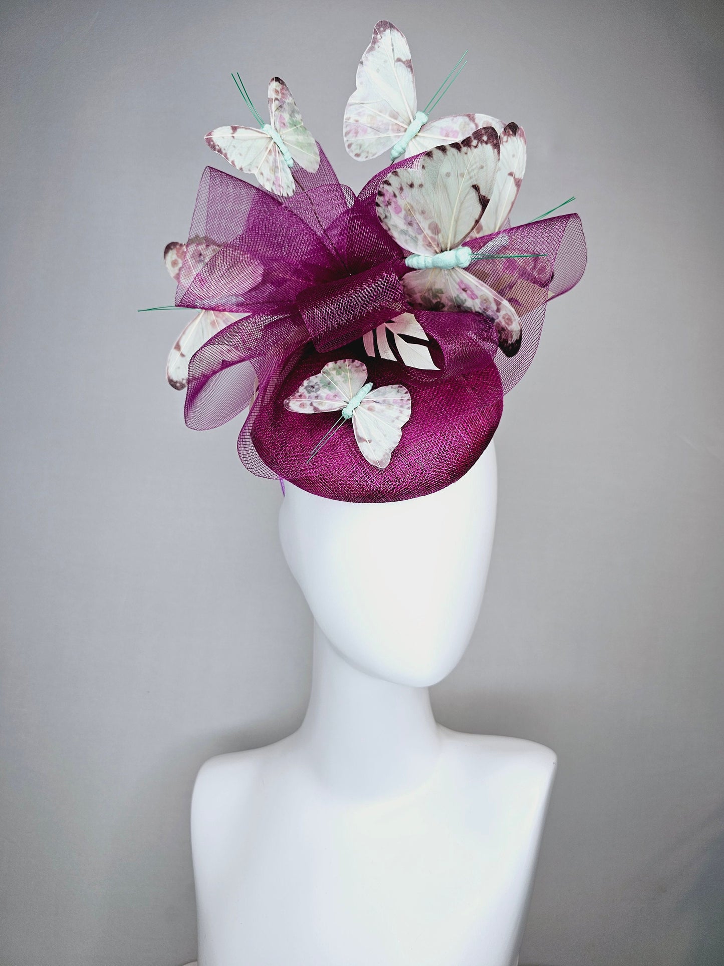 kentucky derby hat fascinator purple violet sinamay with matching crinoline light pink lavender mint floral green butterflies