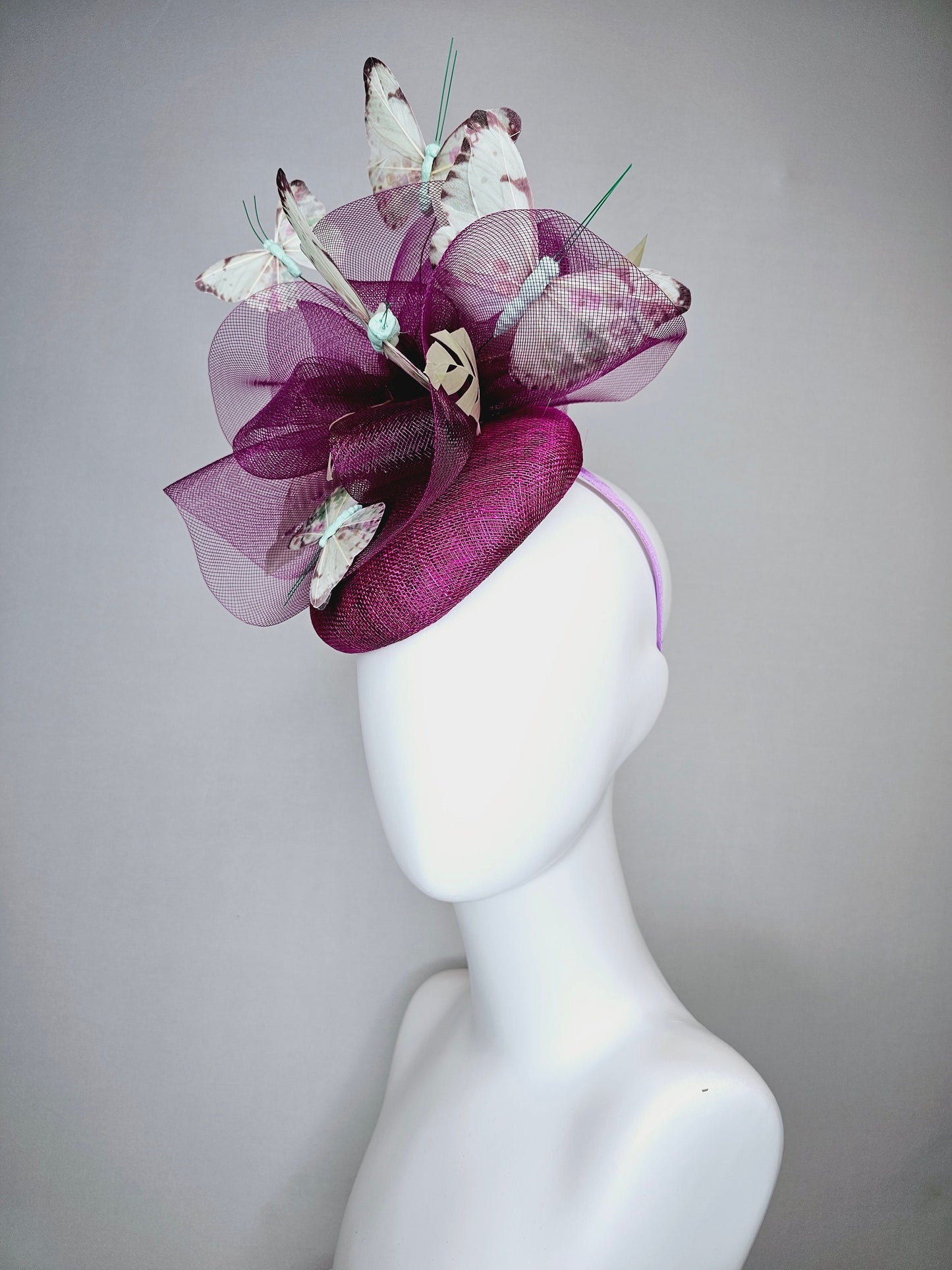 kentucky derby hat fascinator purple violet sinamay with matching crinoline light pink lavender mint floral green butterflies