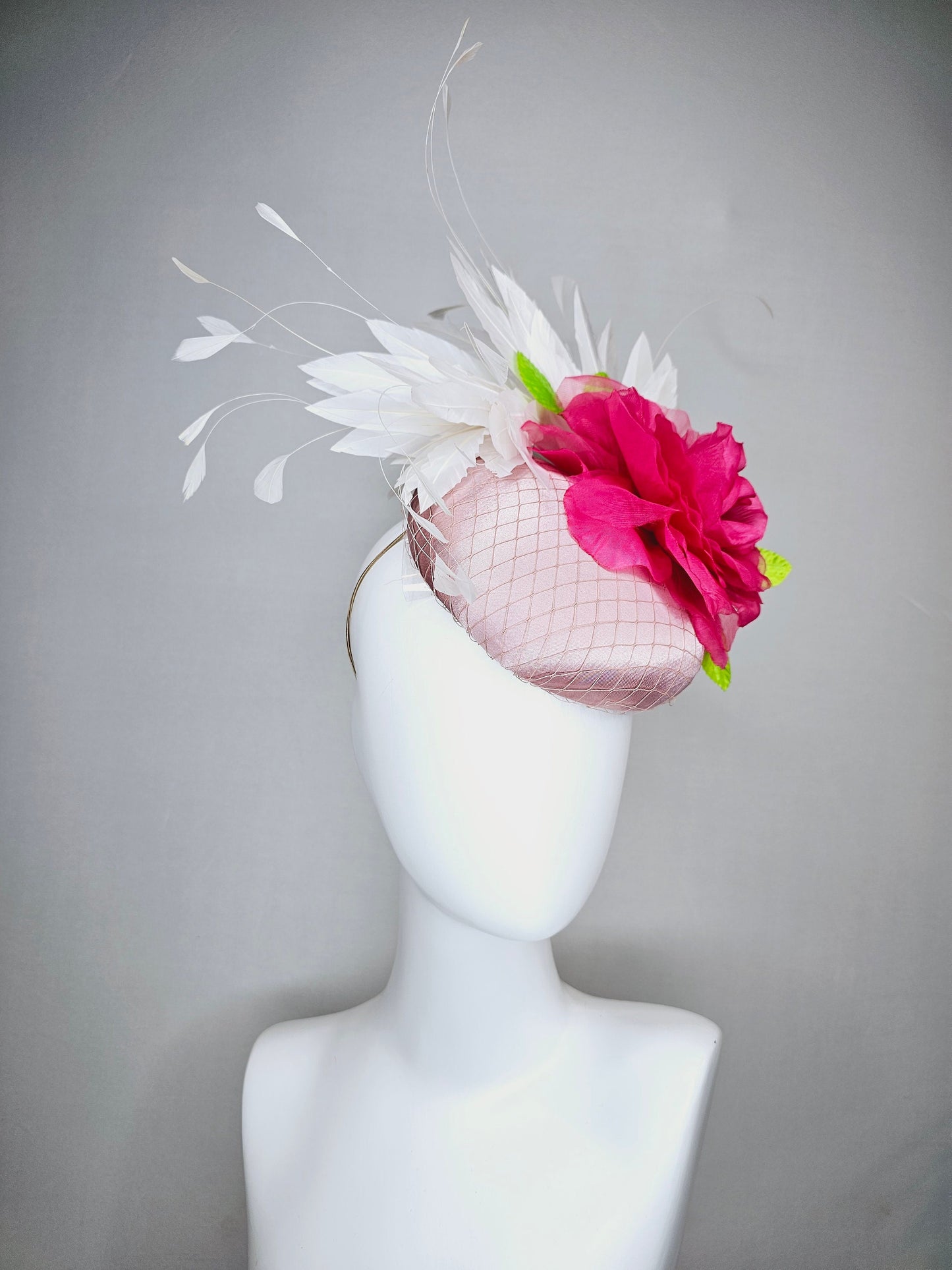 kentucky derby hat fascinator light pink blush satin with large pink rose flower white feathers bright pink satin leaves