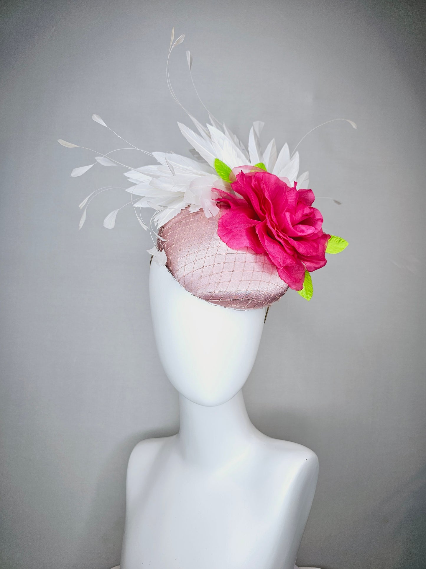 kentucky derby hat fascinator light pink blush satin with large pink rose flower white feathers bright pink satin leaves