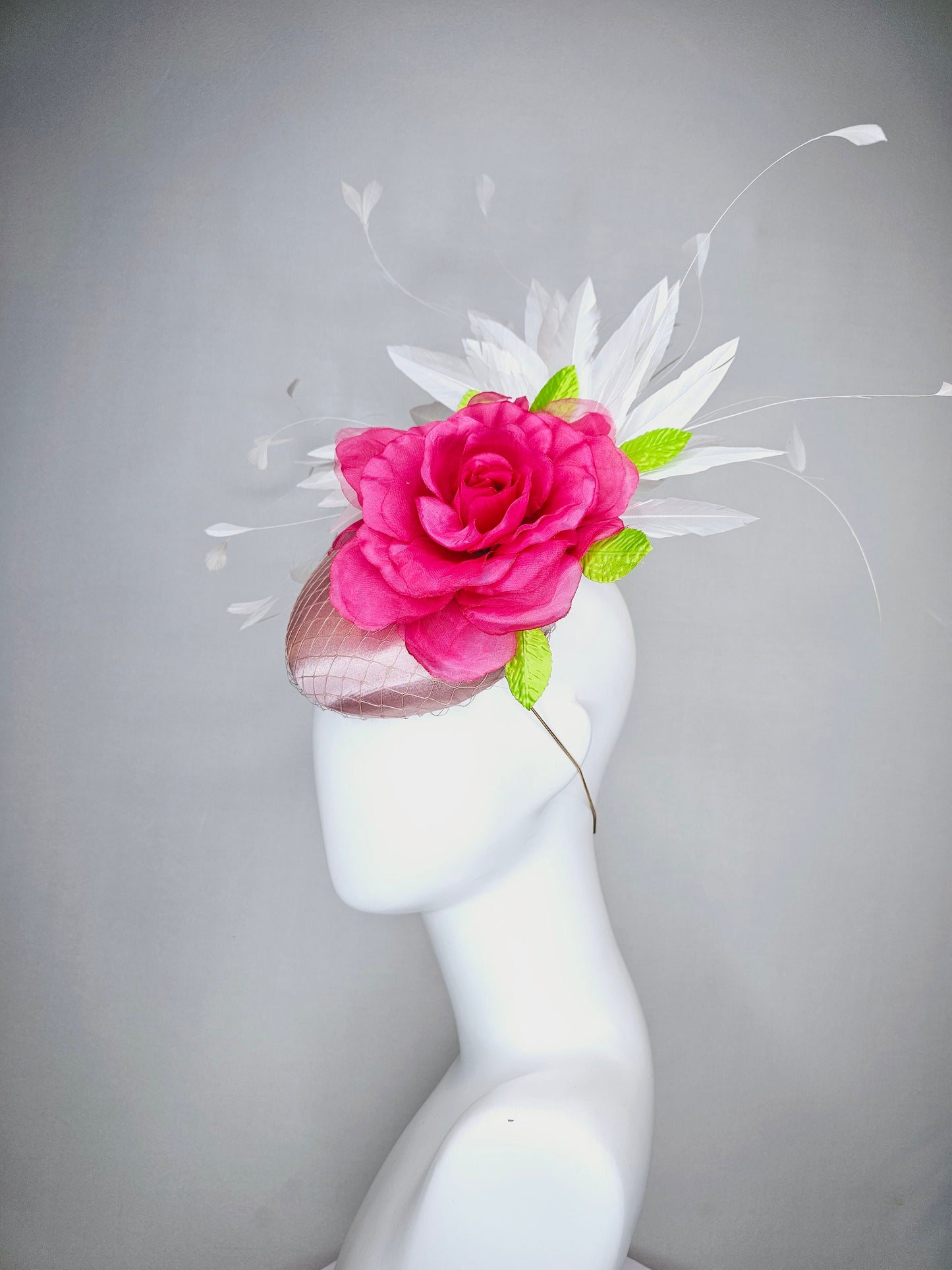 kentucky derby hat fascinator light pink blush satin with large pink rose flower white feathers bright pink satin leaves