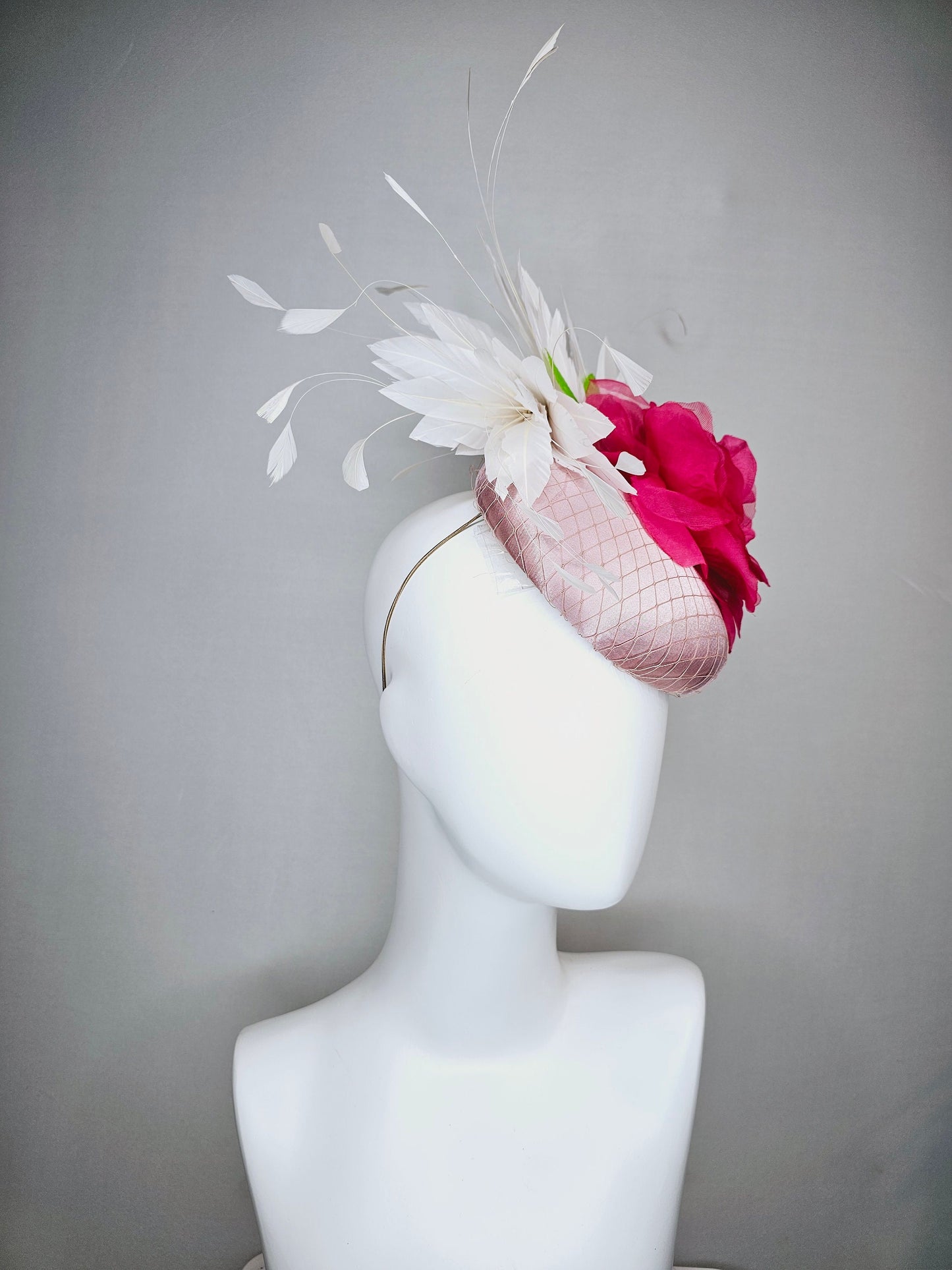 kentucky derby hat fascinator light pink blush satin with large pink rose flower white feathers bright pink satin leaves