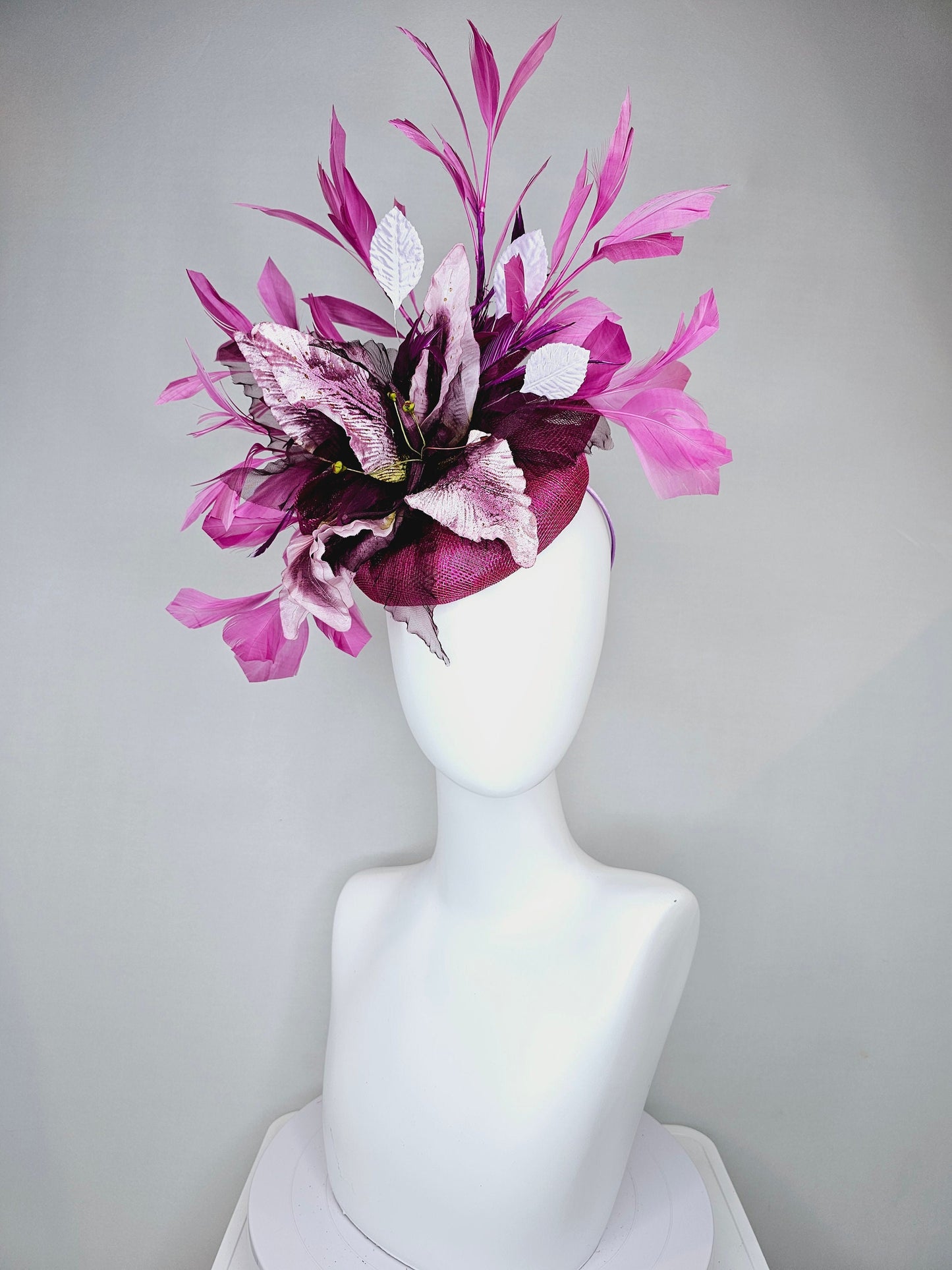 kentucky derby hat fascinator violet purple distressed flower with purple lavender pink feathers purple sinamay with curls