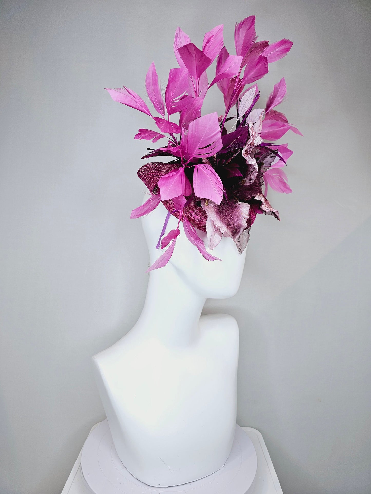 kentucky derby hat fascinator violet purple distressed flower with purple lavender pink feathers purple sinamay with curls