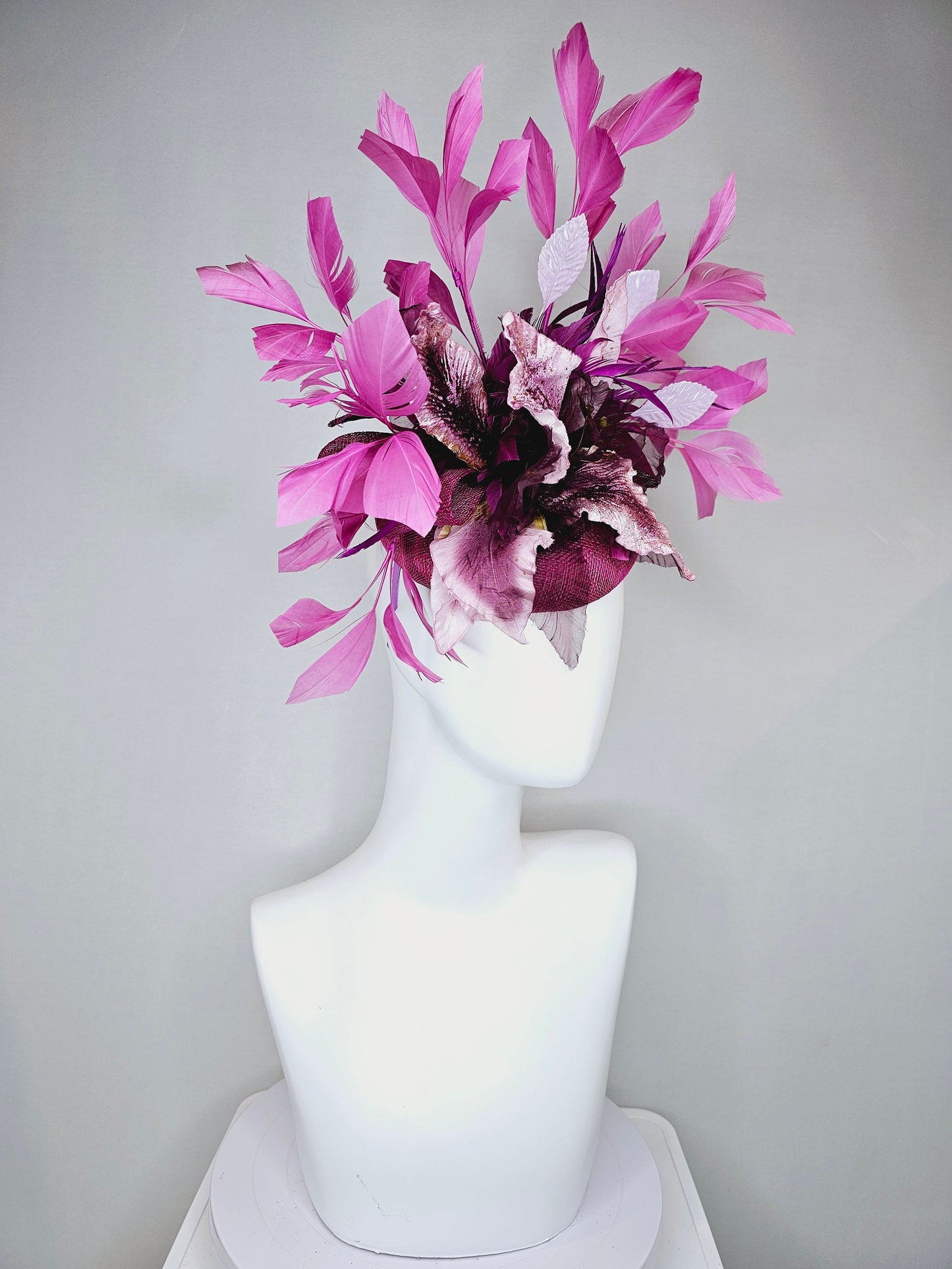 kentucky derby hat fascinator violet purple distressed flower with purple lavender pink feathers purple sinamay with curls