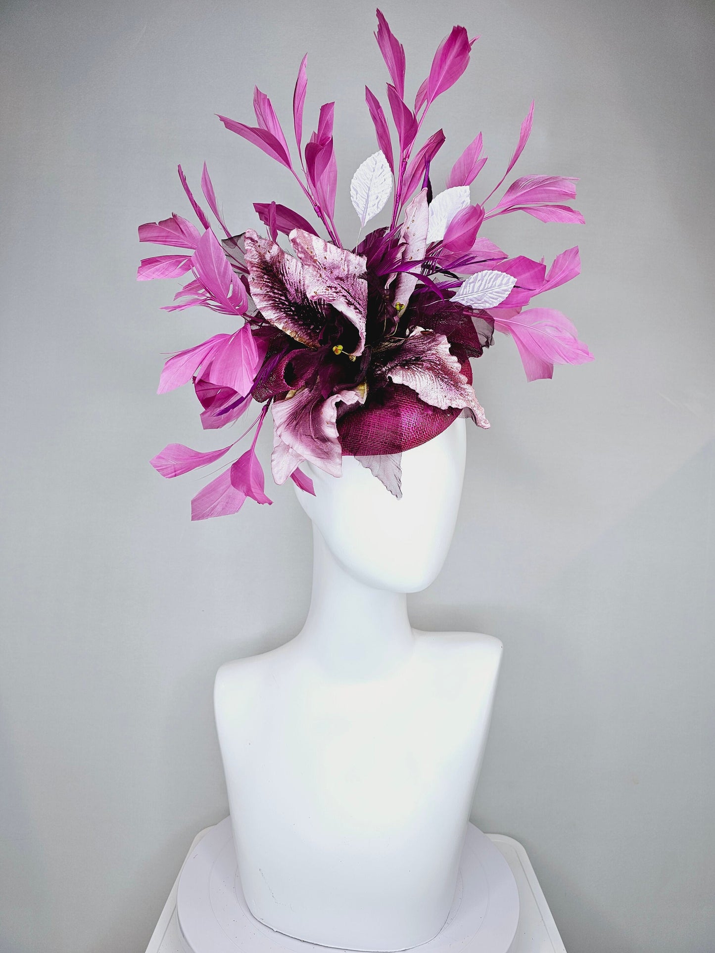 kentucky derby hat fascinator violet purple distressed flower with purple lavender pink feathers purple sinamay with curls
