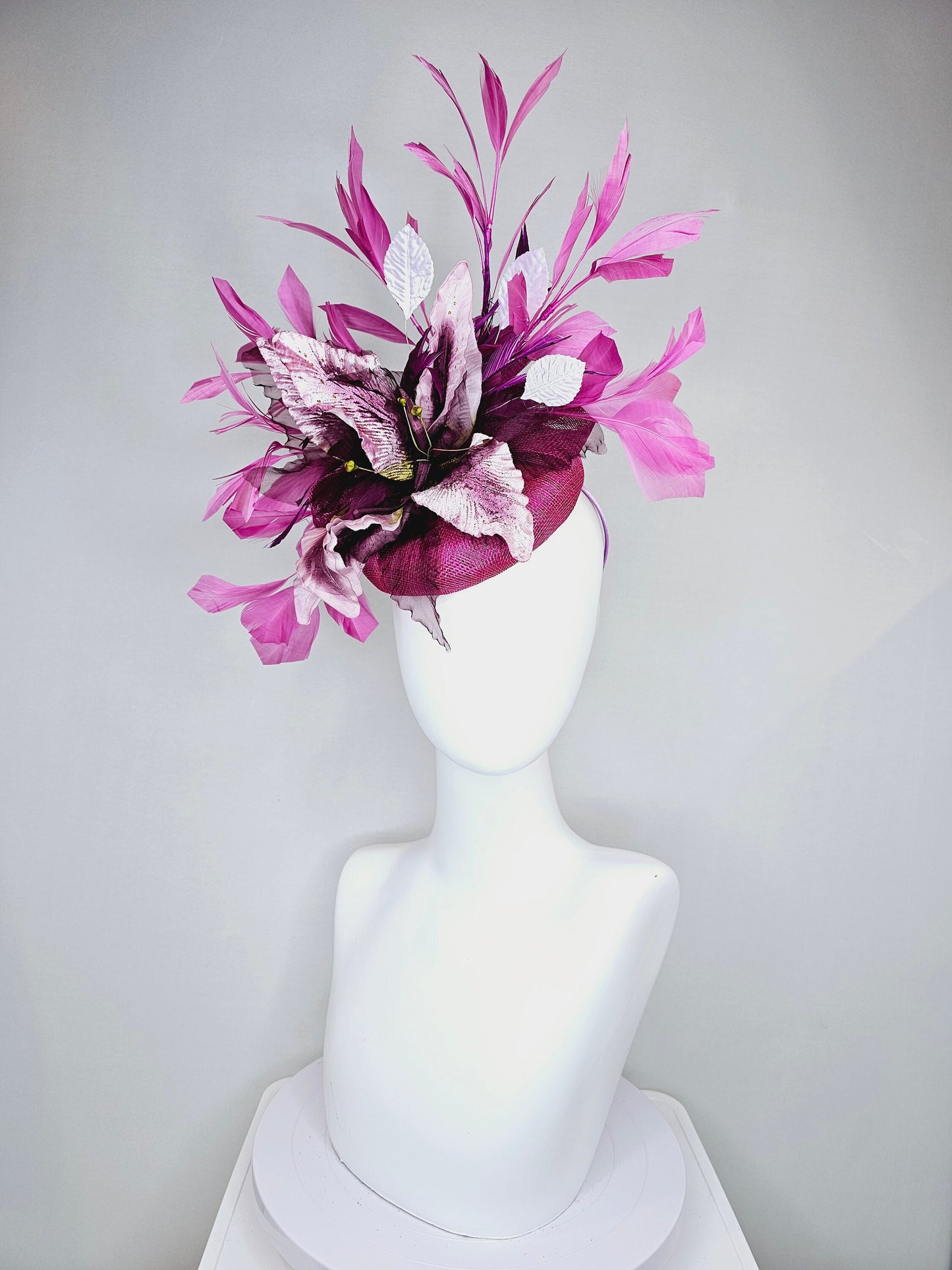 kentucky derby hat fascinator violet purple distressed flower with purple lavender pink feathers purple sinamay with curls