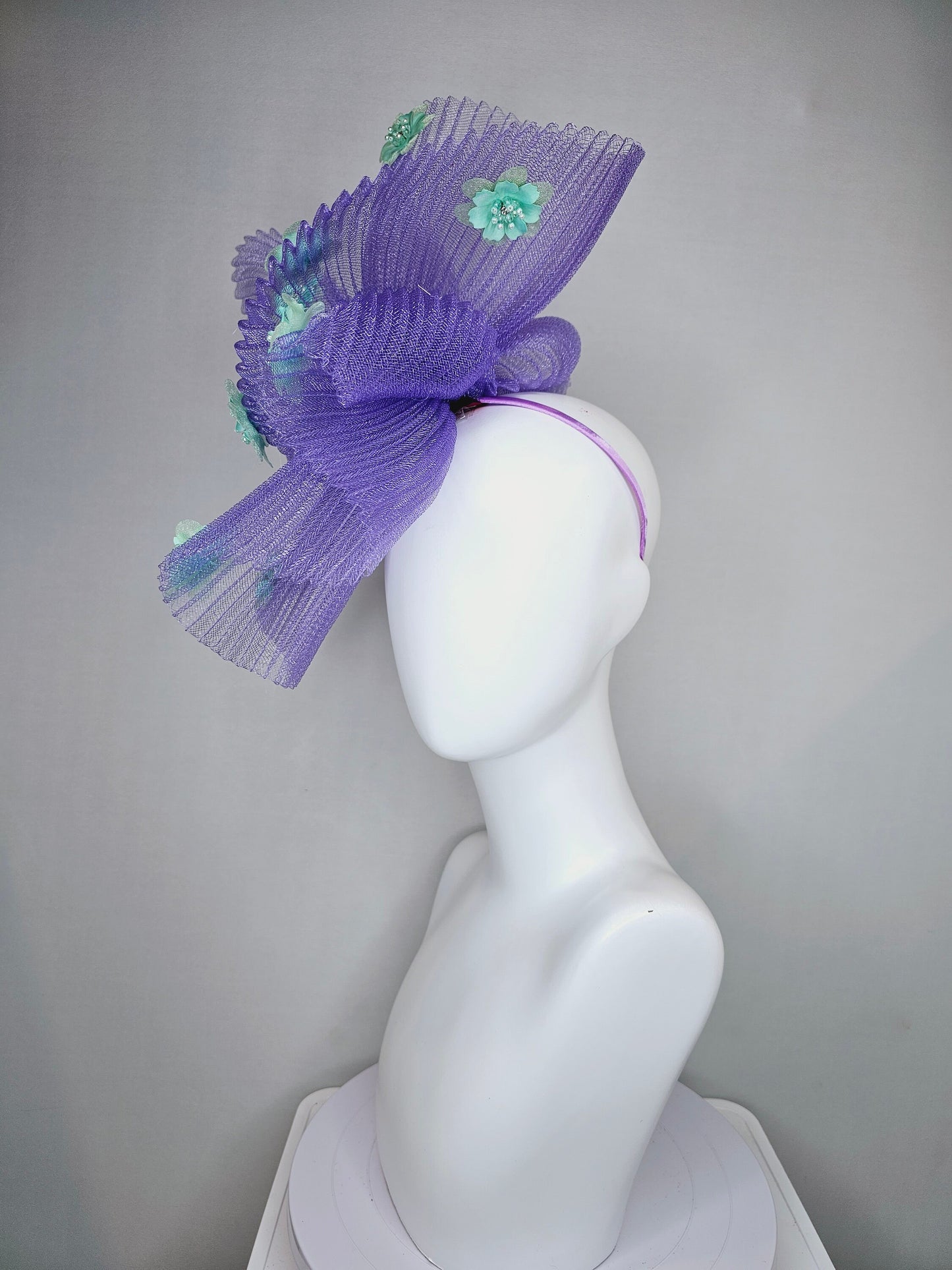 kentucky derby hat fascinator lavender purple pleated crinoline with mint green beaded jewel flowers