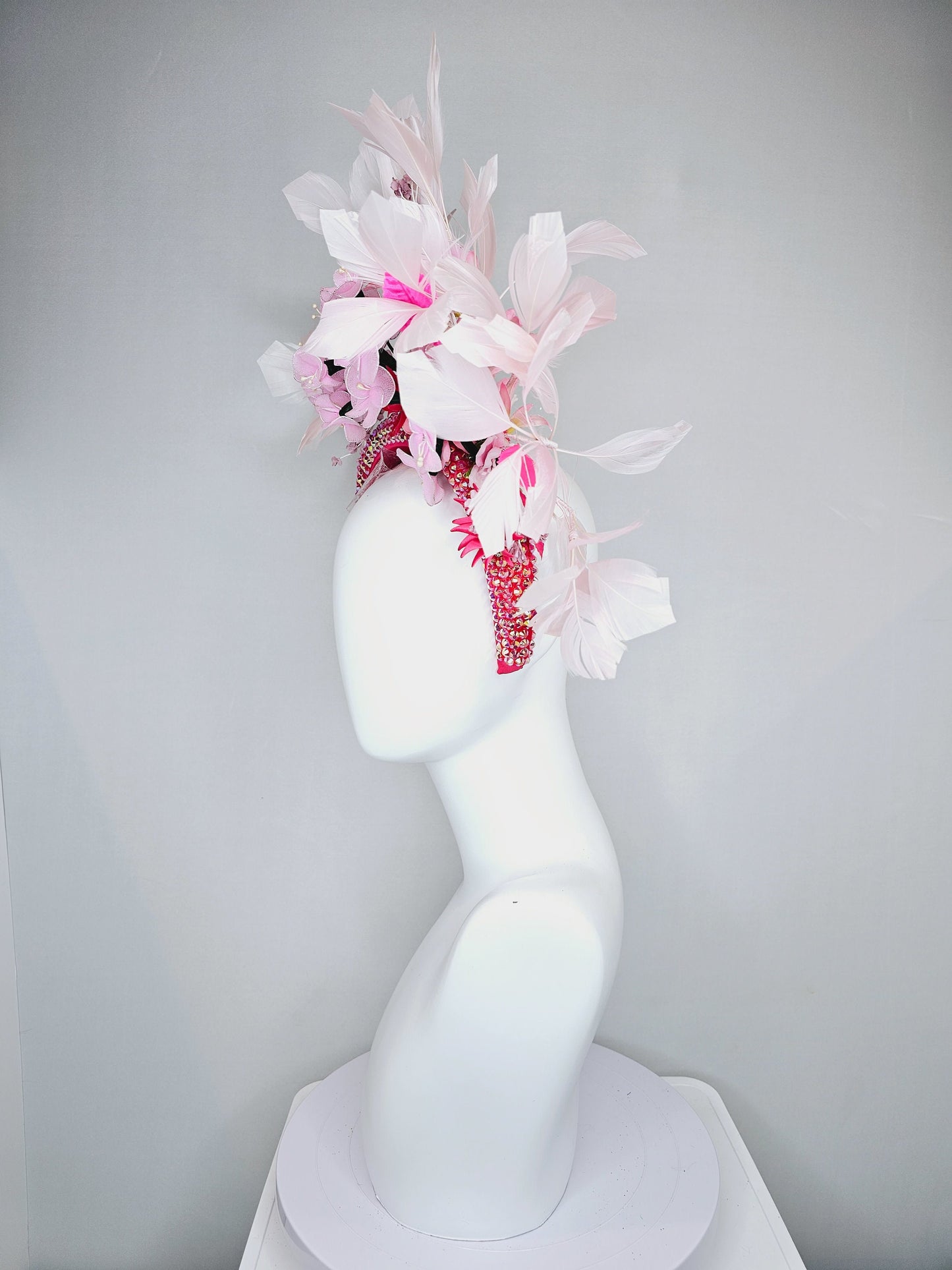 kentucky derby hat fascinator fuchsia pink swarovski crystal headband blush and bright pink flowers and pink feathers