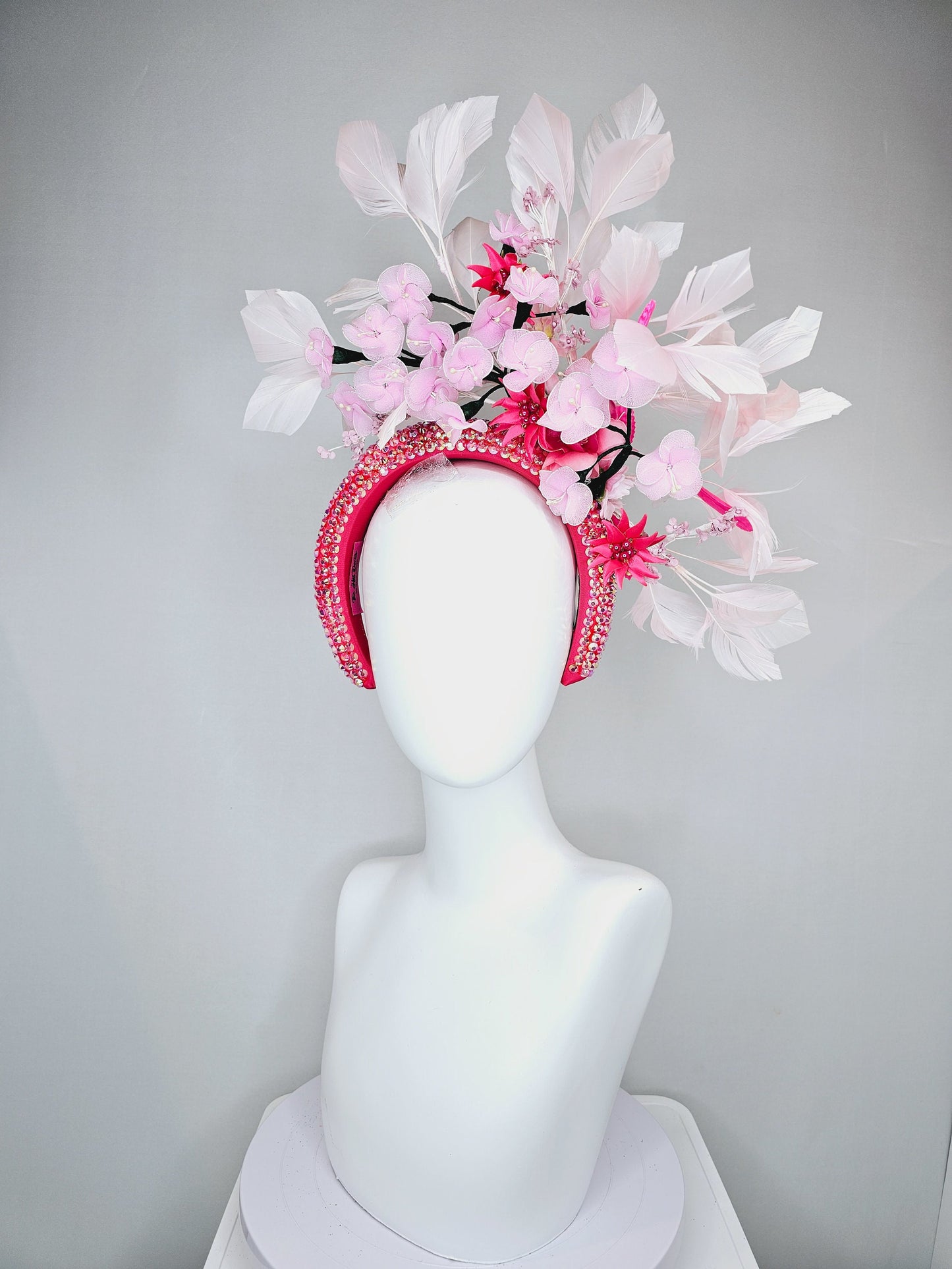 kentucky derby hat fascinator fuchsia pink swarovski crystal headband blush and bright pink flowers and pink feathers