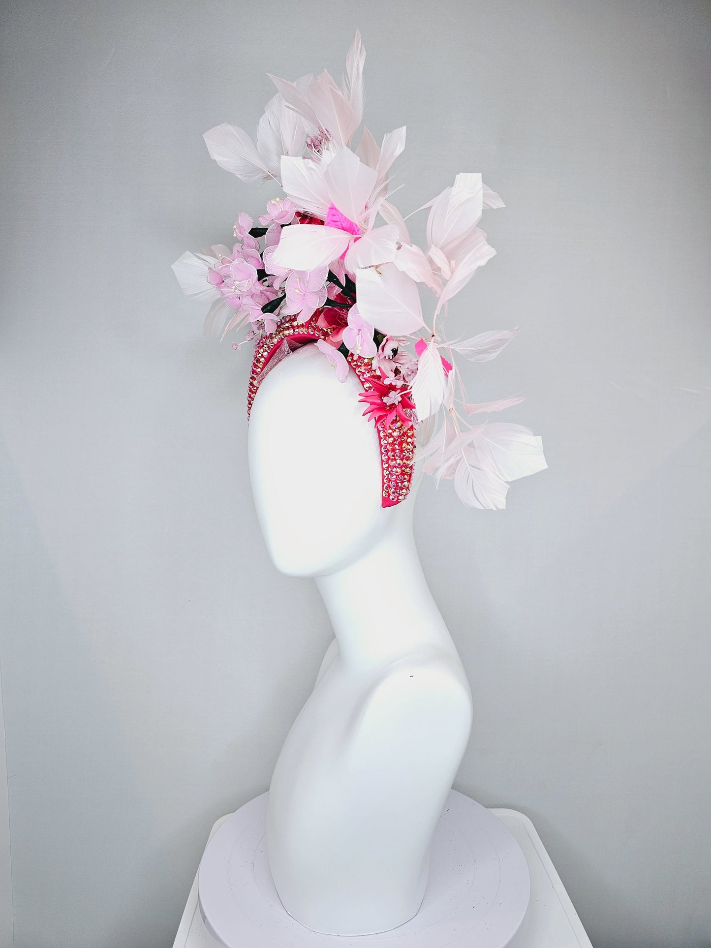 kentucky derby hat fascinator fuchsia pink swarovski crystal headband blush and bright pink flowers and pink feathers