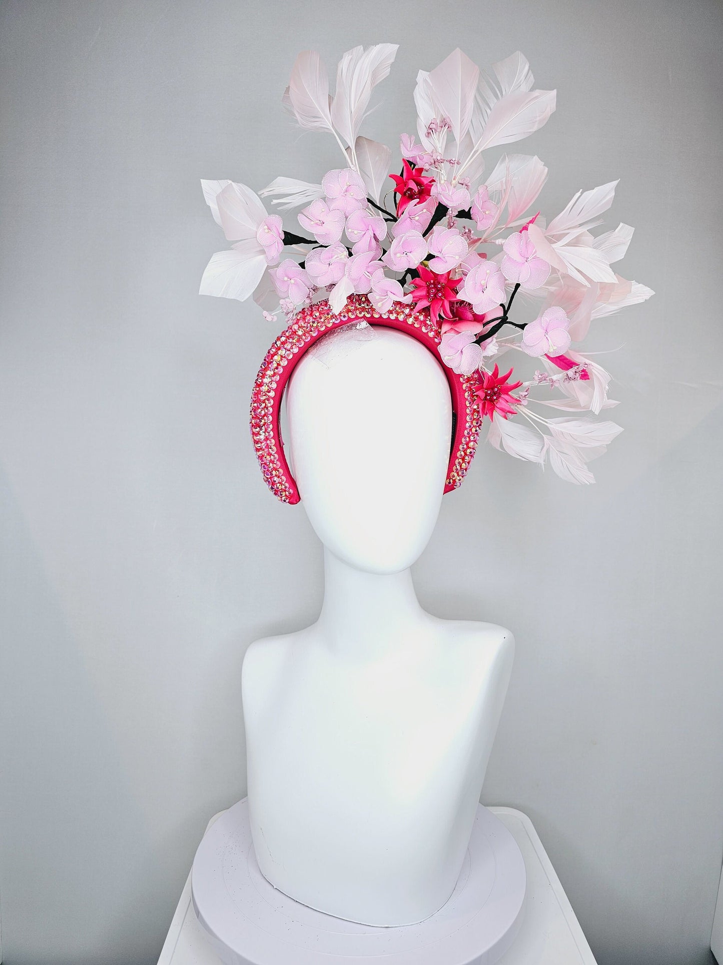 kentucky derby hat fascinator fuchsia pink swarovski crystal headband blush and bright pink flowers and pink feathers