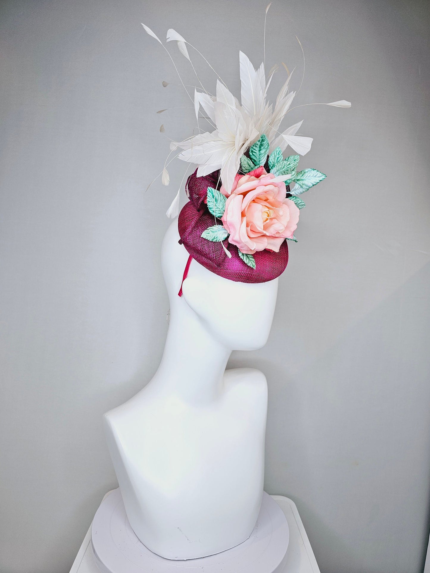 kentucky derby hat fascinator magenta purple sinamay with white feathers pink ombre rose flower and teal blue leaves