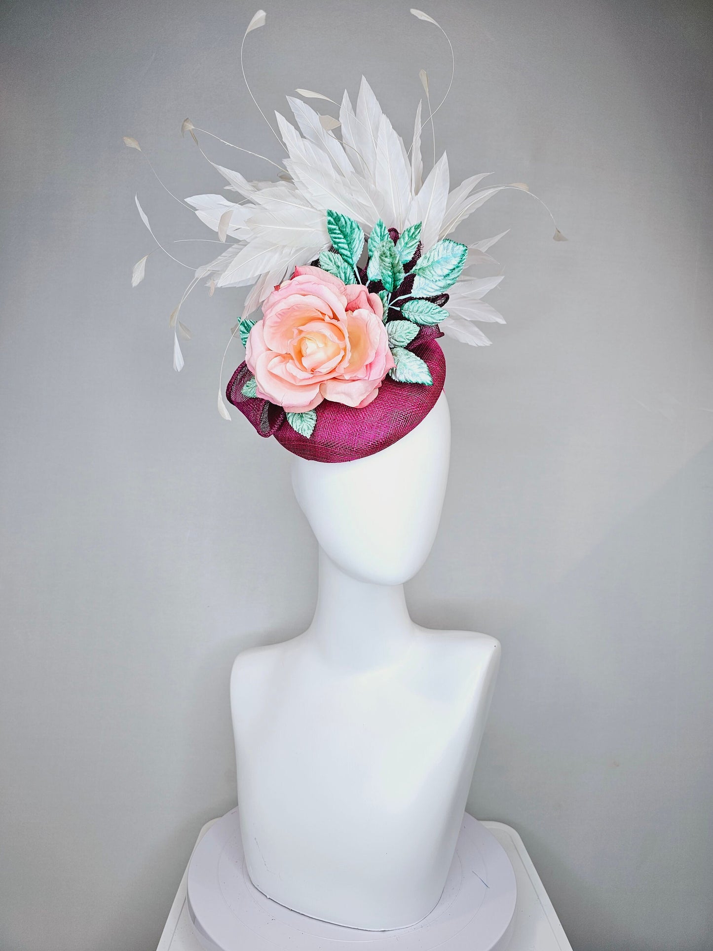 kentucky derby hat fascinator magenta purple sinamay with white feathers pink ombre rose flower and teal blue leaves