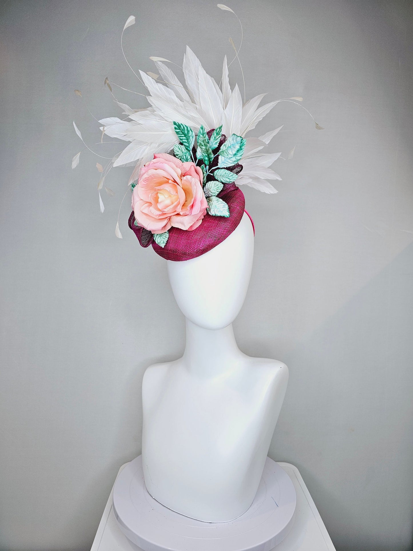 kentucky derby hat fascinator magenta purple sinamay with white feathers pink ombre rose flower and teal blue leaves