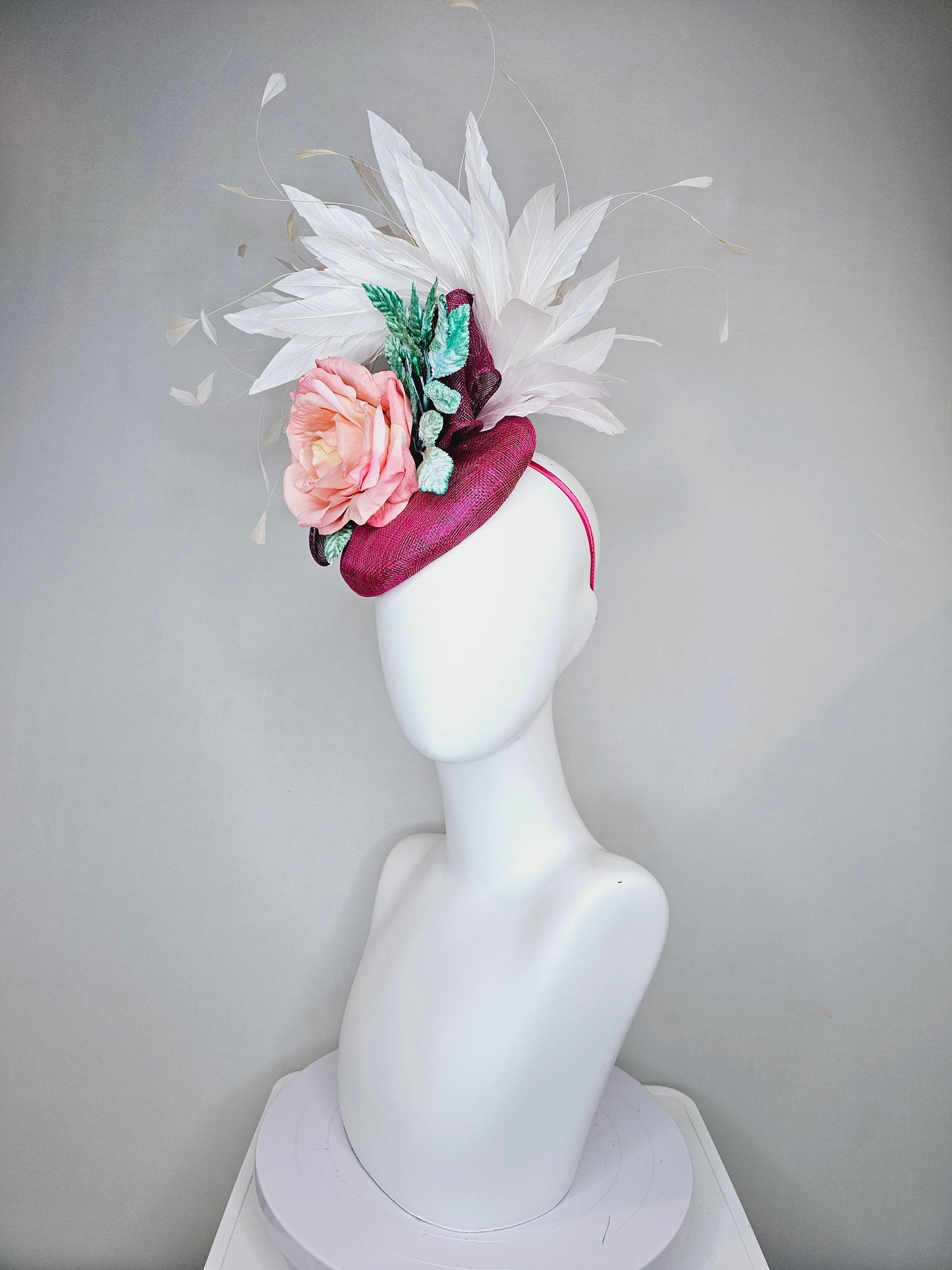 kentucky derby hat fascinator magenta purple sinamay with white feathers pink ombre rose flower and teal blue leaves