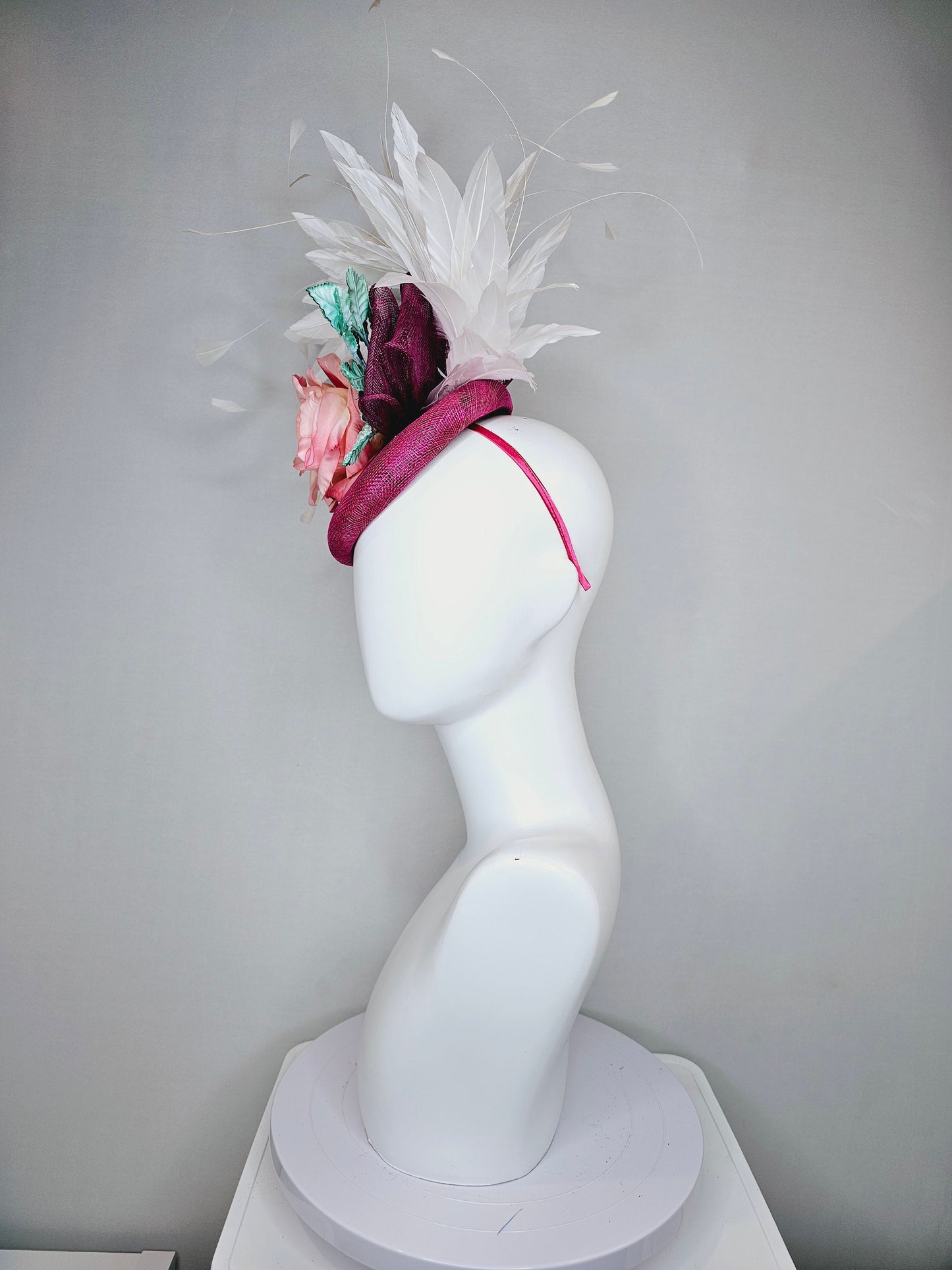 kentucky derby hat fascinator magenta purple sinamay with white feathers pink ombre rose flower and teal blue leaves