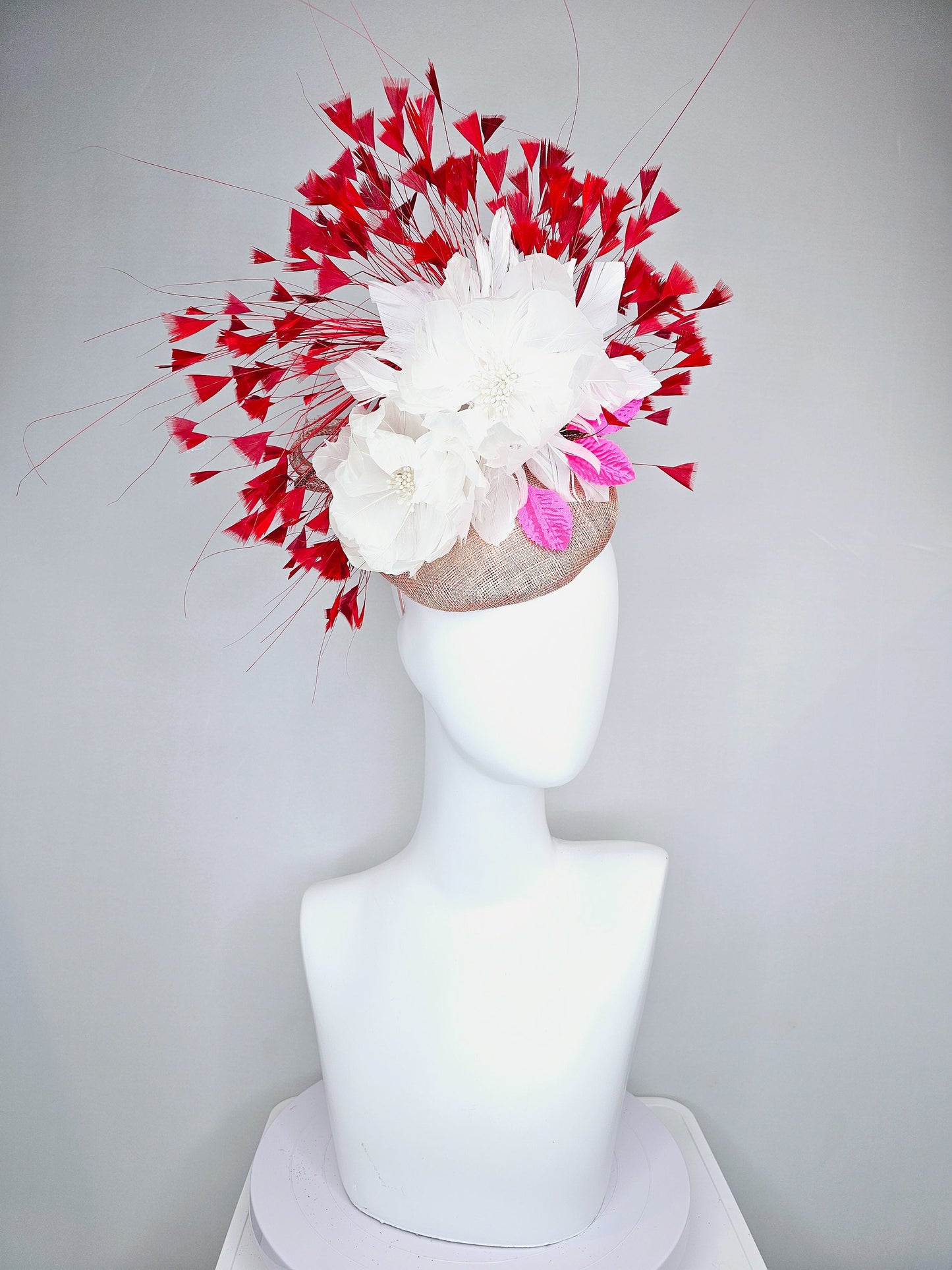 kentucky derby hat fascinator taupe neutral sinamay with white feather flowers and pink satin leaves and red feathers