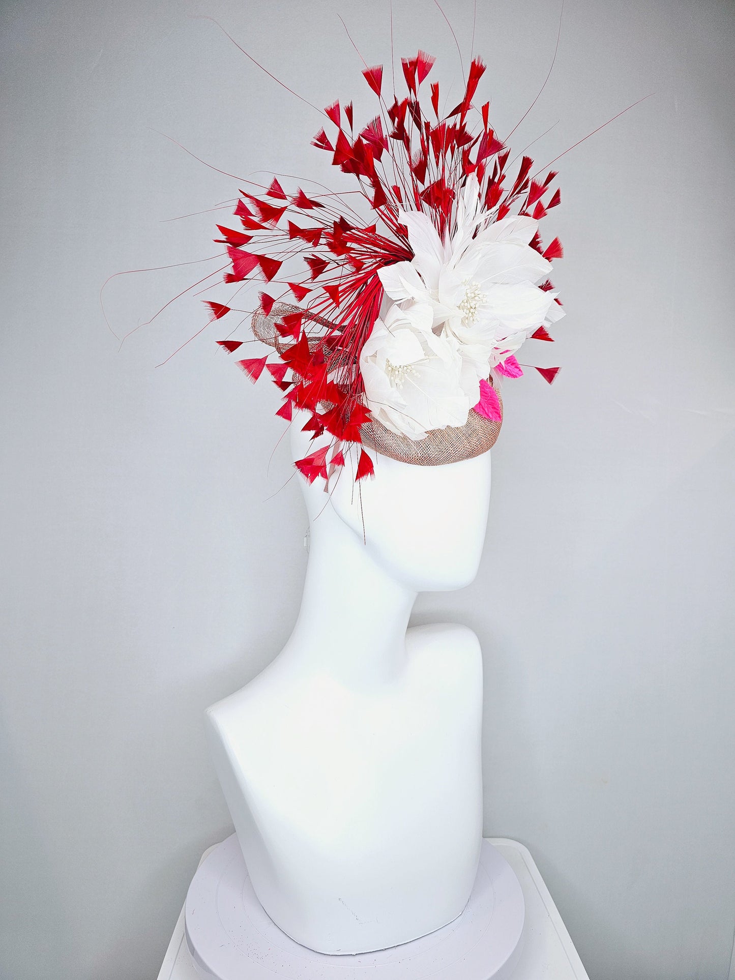 kentucky derby hat fascinator taupe neutral sinamay with white feather flowers and pink satin leaves and red feathers