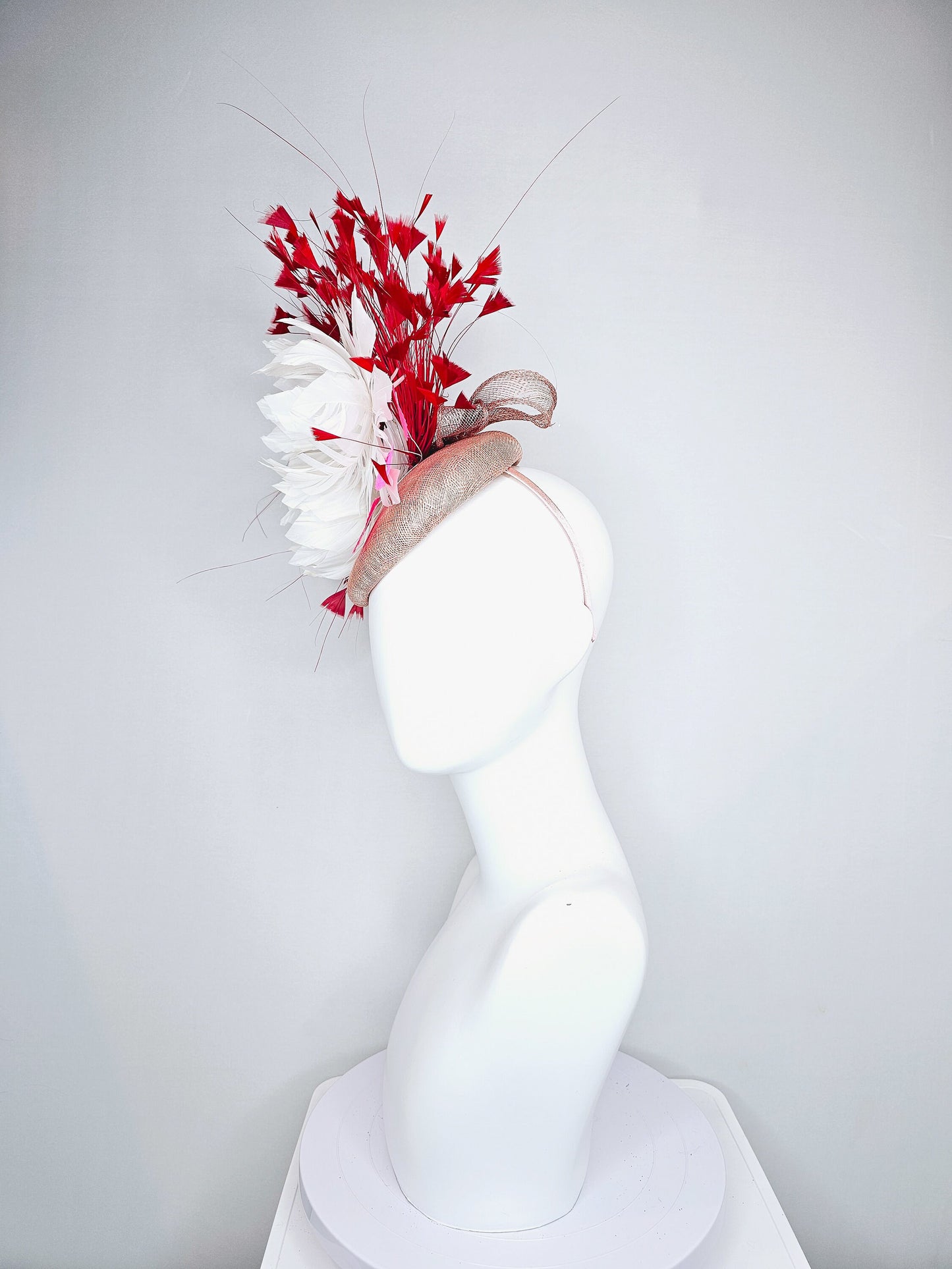 kentucky derby hat fascinator taupe neutral sinamay with white feather flowers and pink satin leaves and red feathers