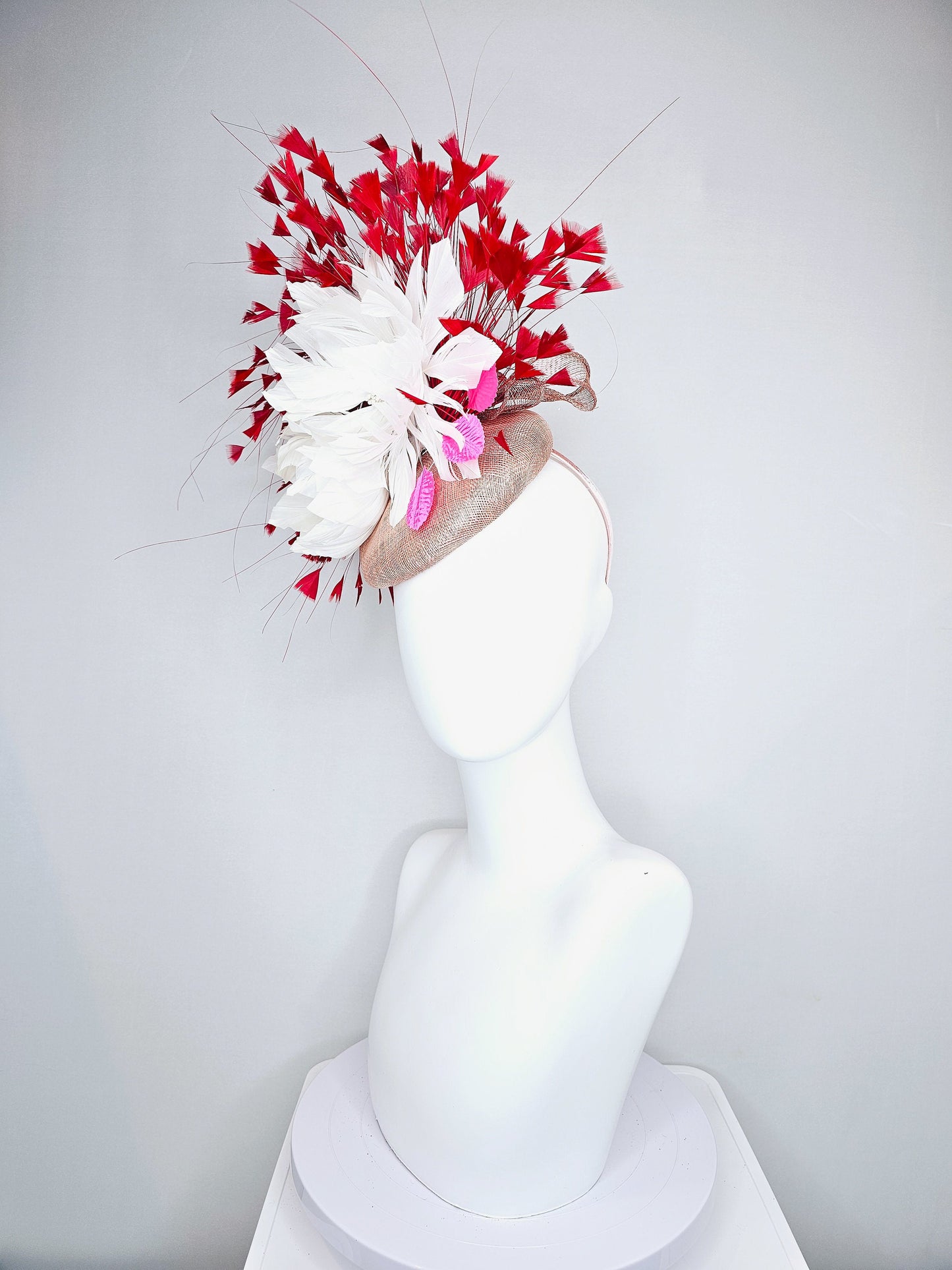 kentucky derby hat fascinator taupe neutral sinamay with white feather flowers and pink satin leaves and red feathers