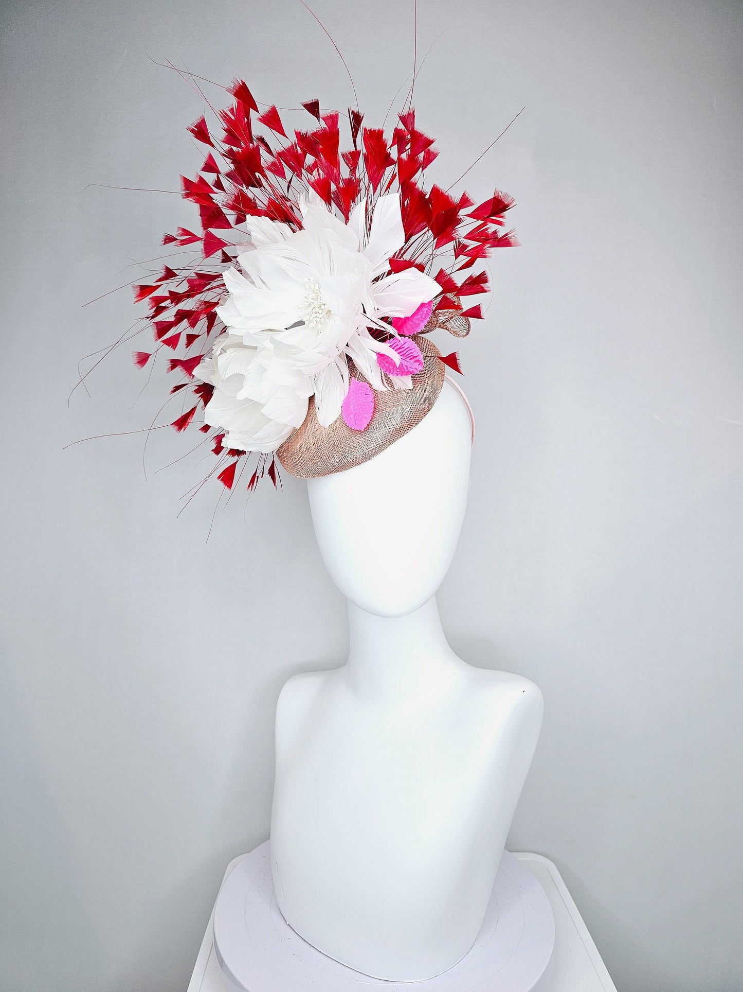 kentucky derby hat fascinator taupe neutral sinamay with white feather flowers and pink satin leaves and red feathers