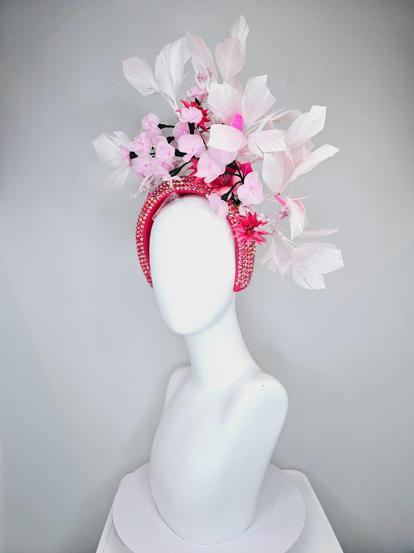 kentucky derby hat fascinator fuchsia pink swarovski crystal headband blush and bright pink flowers and pink feathers