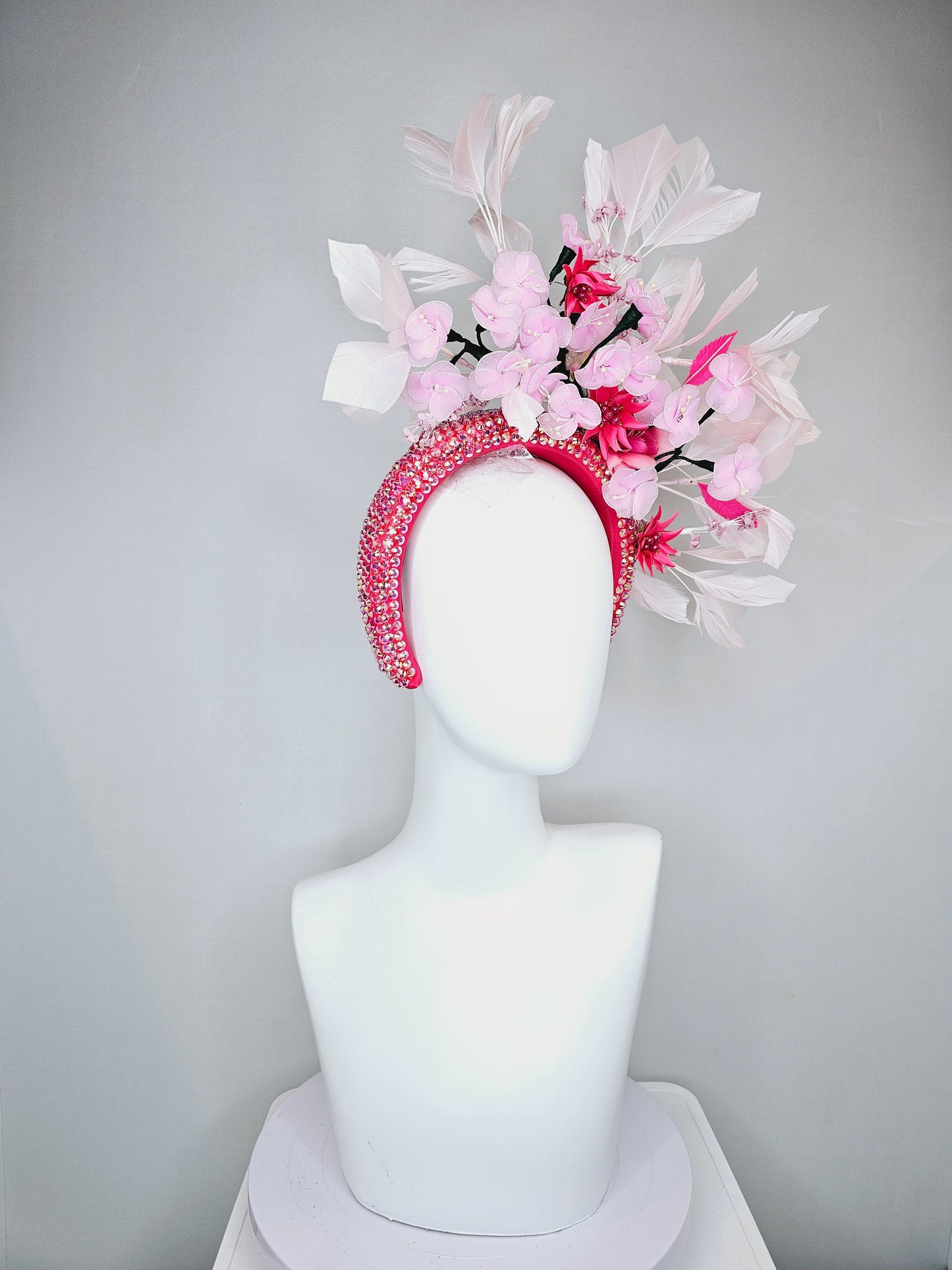 kentucky derby hat fascinator fuchsia pink swarovski crystal headband blush and bright pink flowers and pink feathers