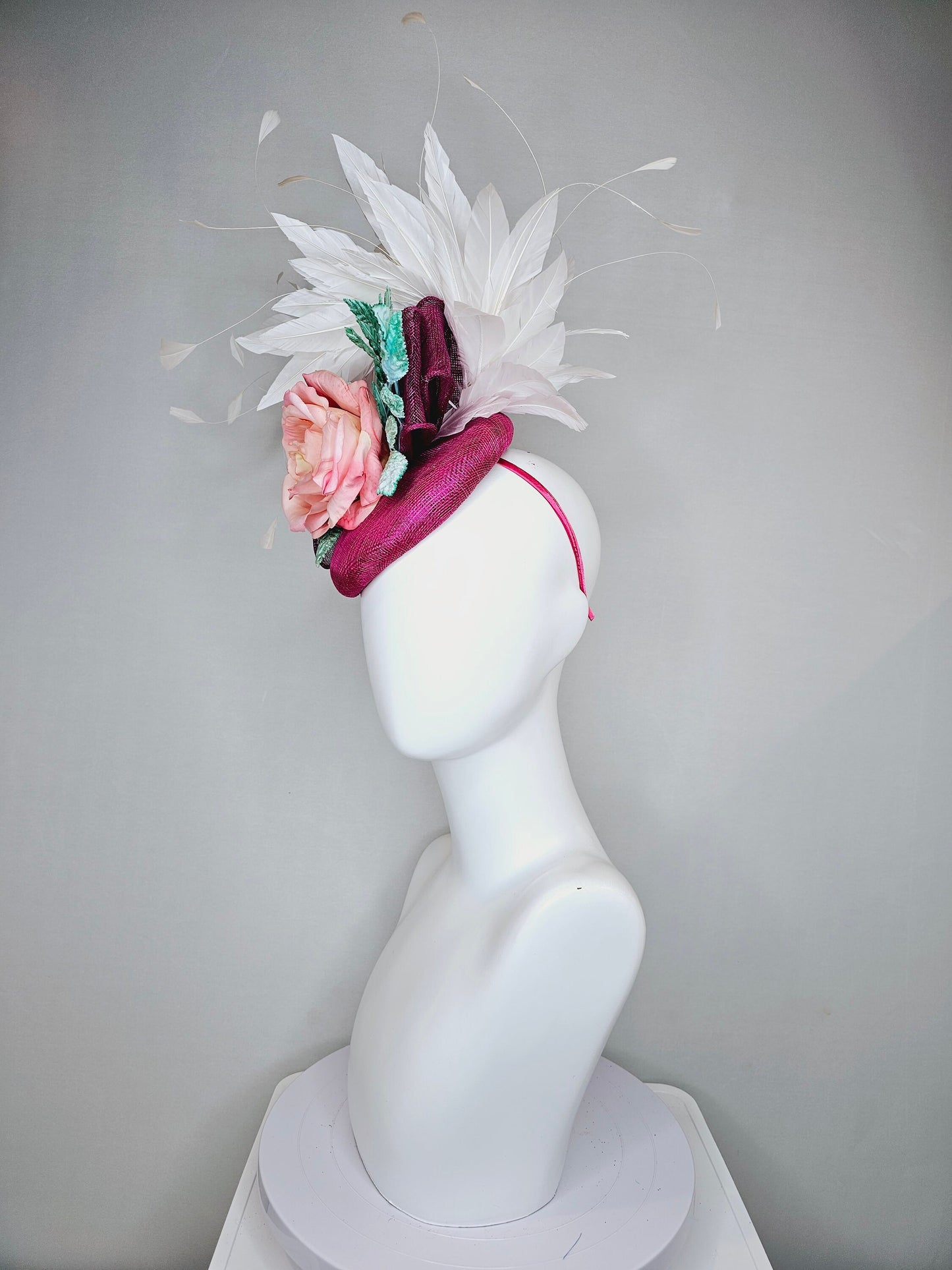 kentucky derby hat fascinator magenta purple sinamay with white feathers pink ombre rose flower and teal blue leaves