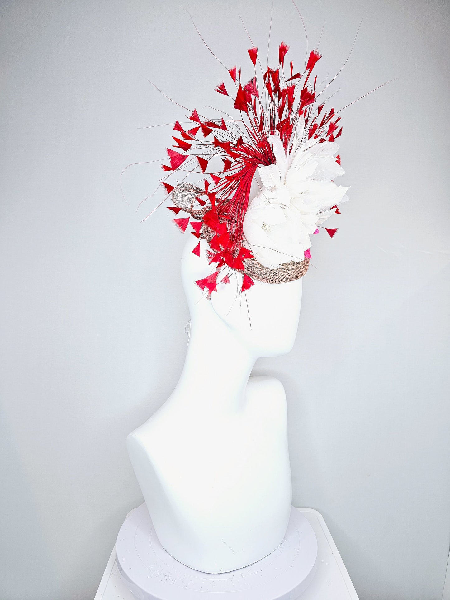 kentucky derby hat fascinator taupe neutral sinamay with white feather flowers and pink satin leaves and red feathers