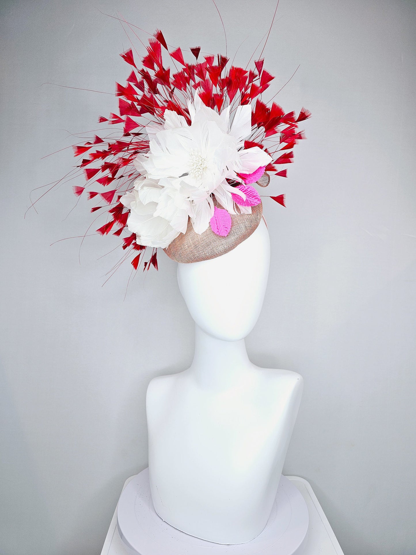 kentucky derby hat fascinator taupe neutral sinamay with white feather flowers and pink satin leaves and red feathers