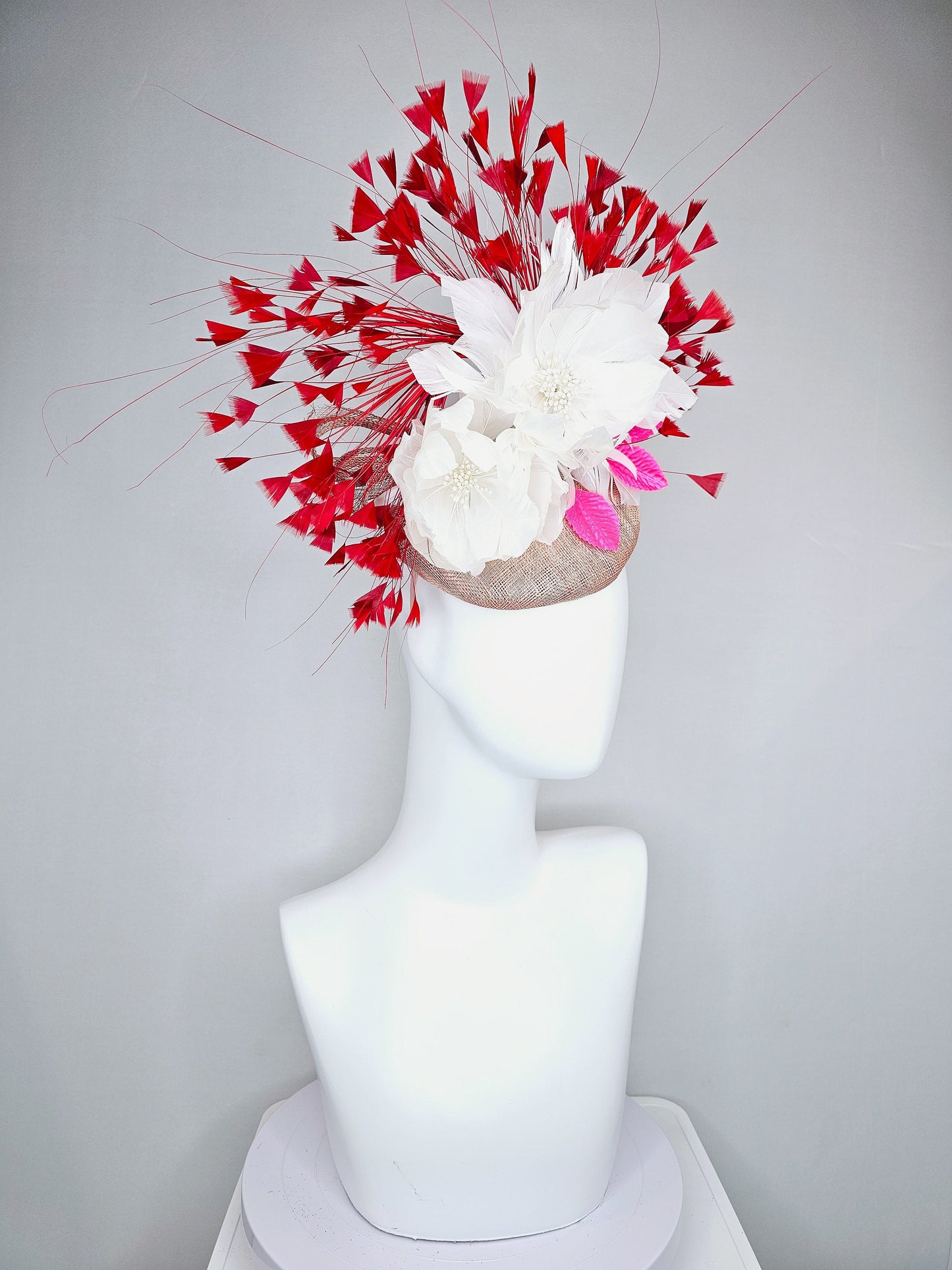 kentucky derby hat fascinator taupe neutral sinamay with white feather flowers and pink satin leaves and red feathers